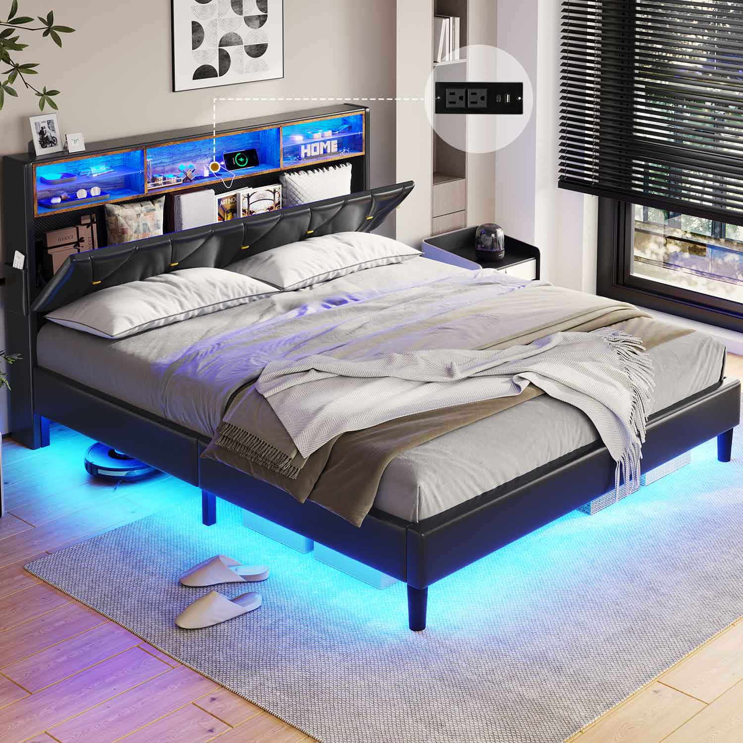 Sikaic Bed Frame Faux Leather LED Bed Frame with Outlets and Storage Headboard Black