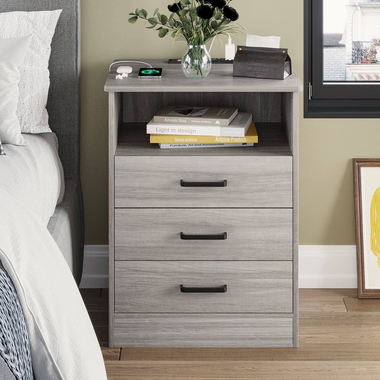Sikaic Nightstand with 3 Drawers USB Port Grey