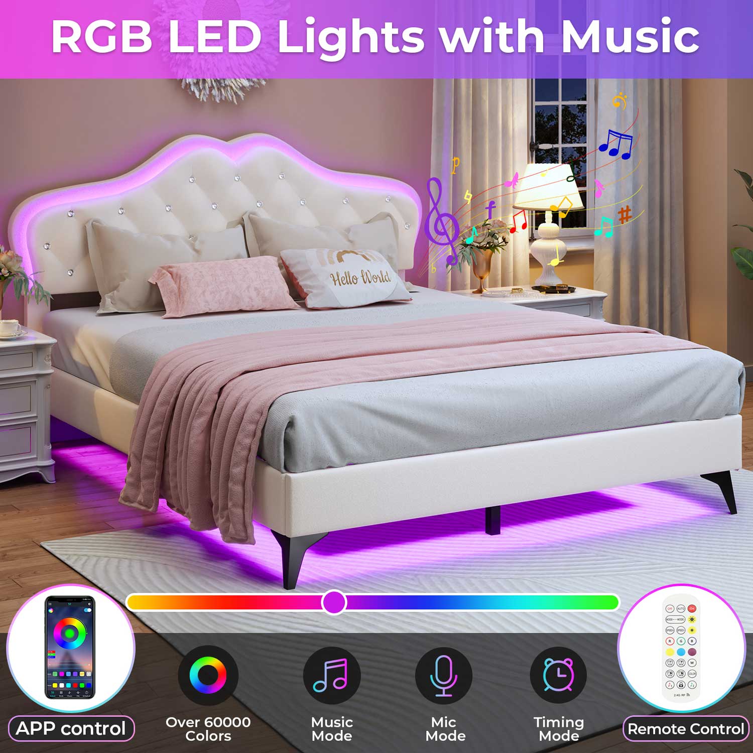 Sikaic Bed Frame Princess Velvet Upholstered Platform Bed Frame with Adjustable Crystal Button Headboard and RGB LED Lights Creamy White