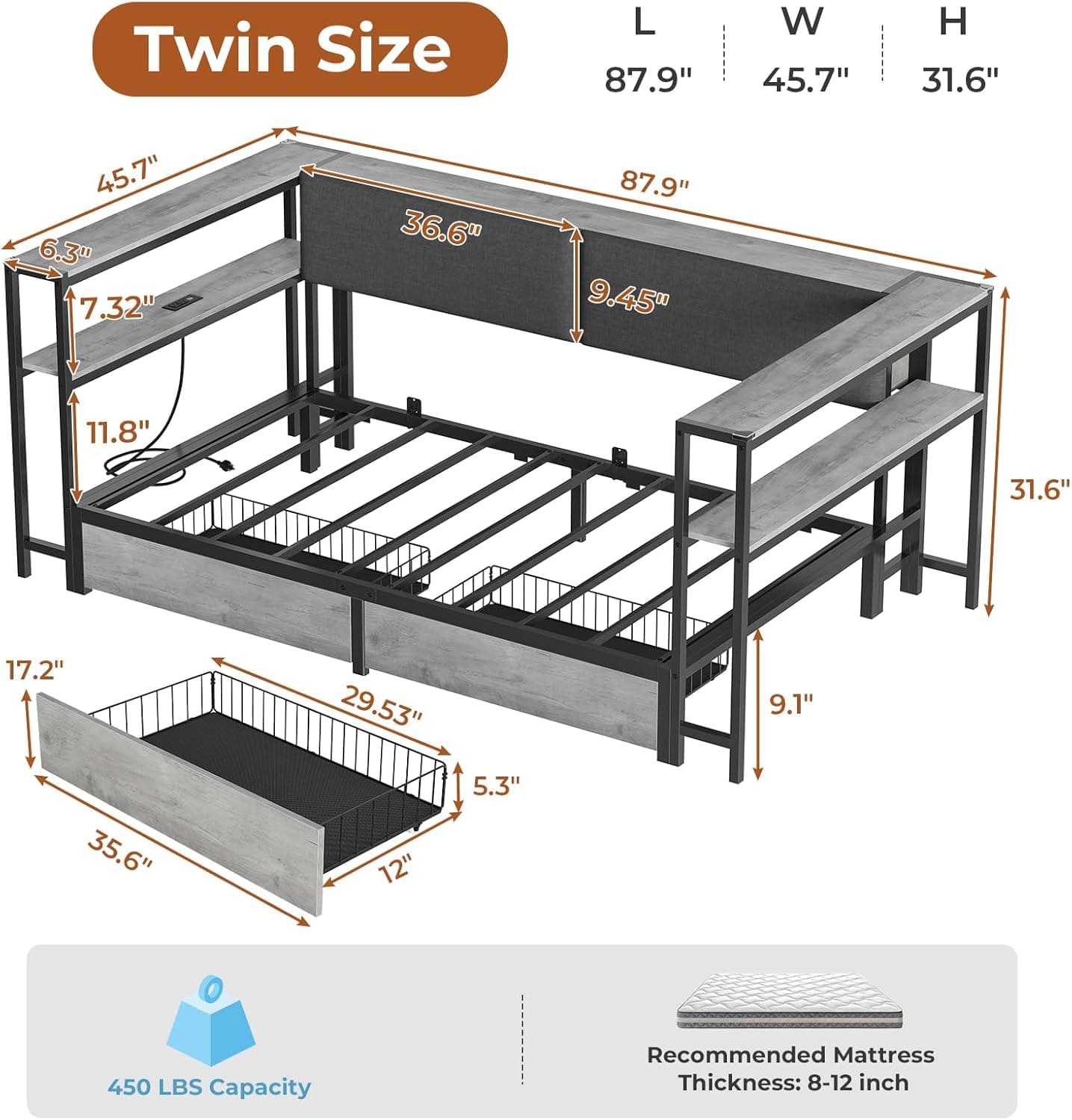 Sikaic Daybeds Twin Size Daybeds with Charging Station and Storage Shelves Grey Grey / Twin / Modern