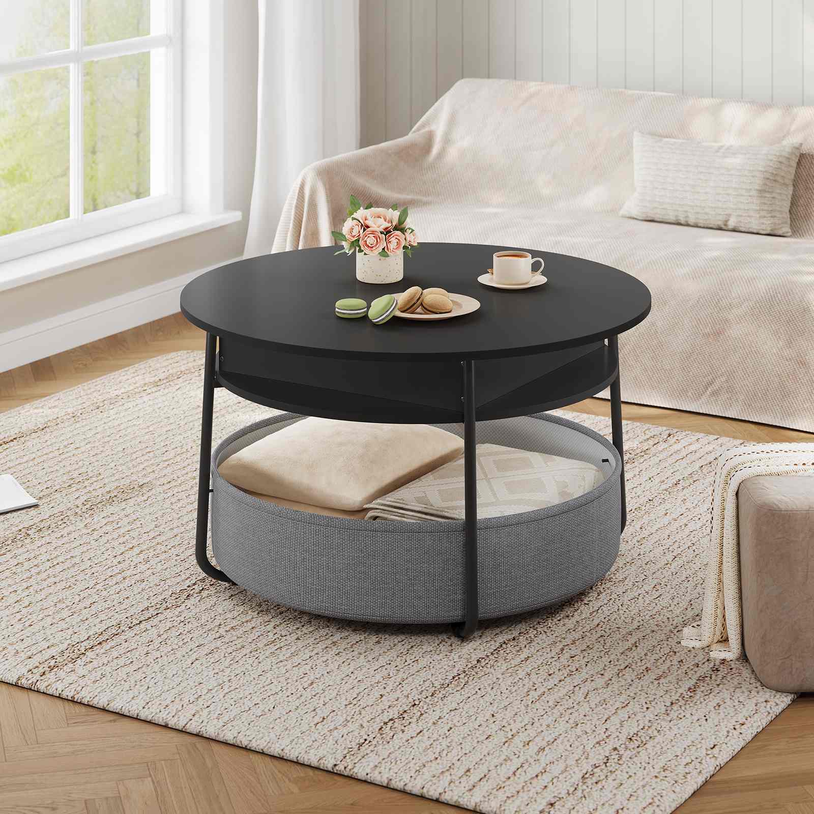 Sikaic Coffee Table Lift Top Round Coffee Table with Fabric Basket Black Black / Engineered Wood / Modern