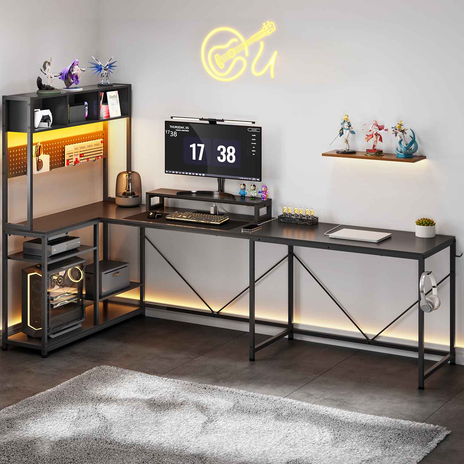 Sikaic Gaming Desk Reversible U-shaped Led Gaming Desk with Power Outlets And Monitor Stand Black Black / Engineered Wood / Modern