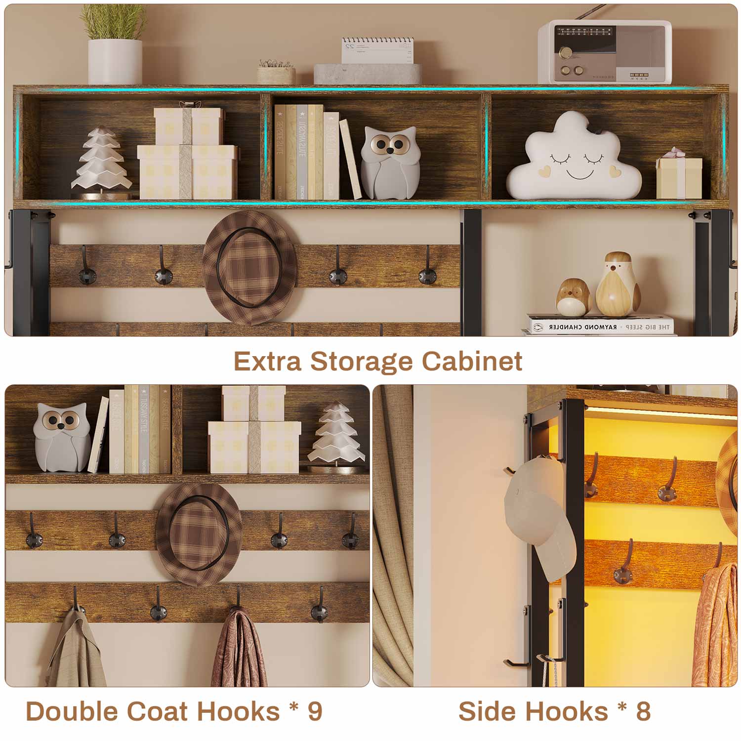 Sikaic Hall Tree Hall Tree with Bench and Shoe Storage Rustic Brown