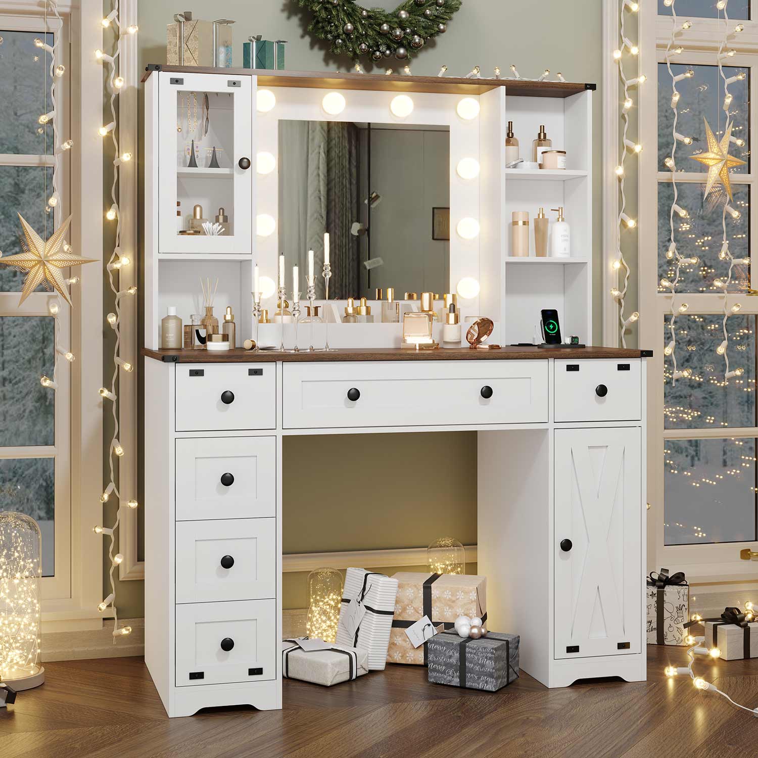 Sikaic Vanities 43 Inches Makeup Vanity with 3 Color Lighting Modes Mirror Charging Station Storage White