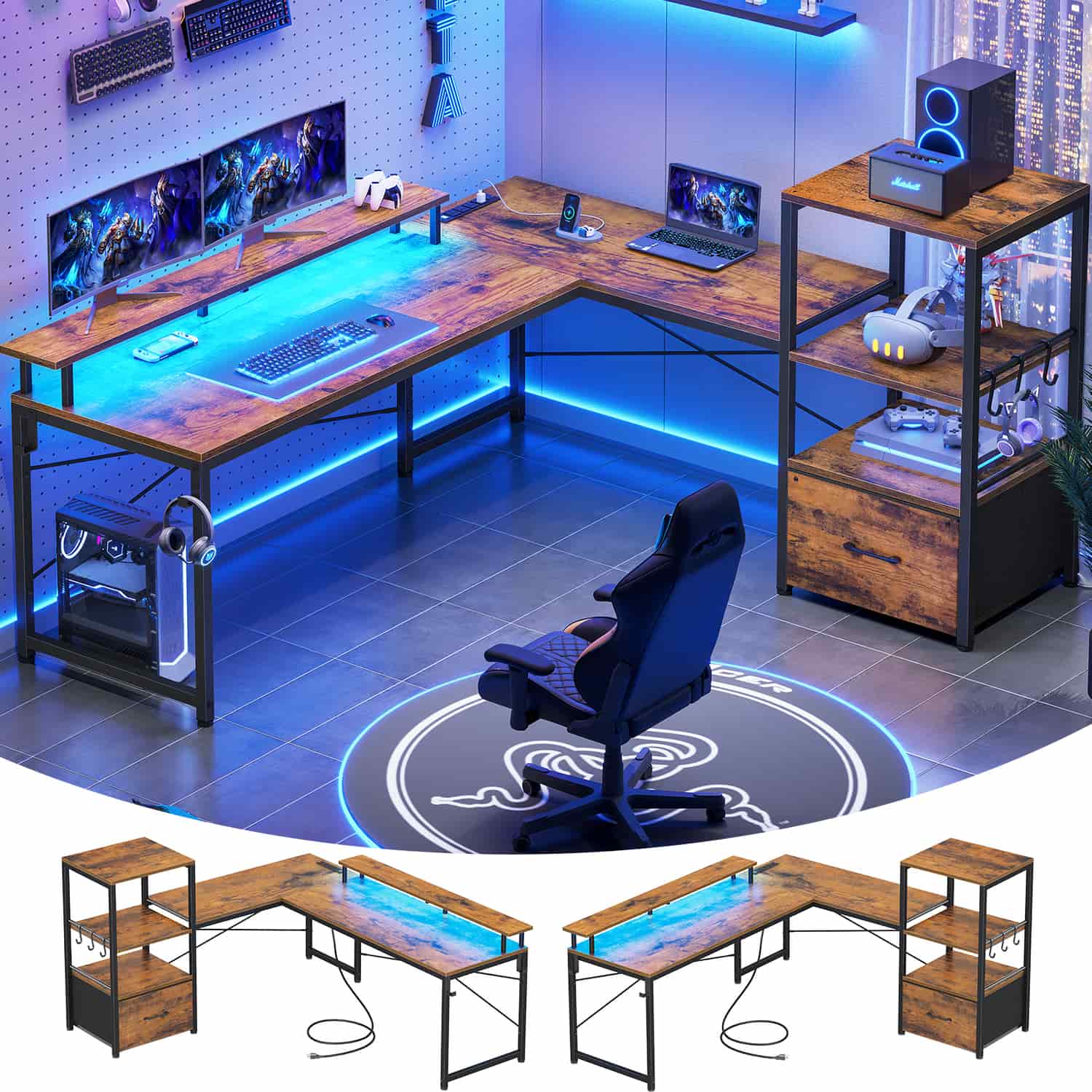 Sikaic Gaming Desk 51 Inches Reversible LED Lights L Shaped Gaming Desk with Power Outlets & Fabric File Drawer Monitor Stand and Hooks Rustic Brown