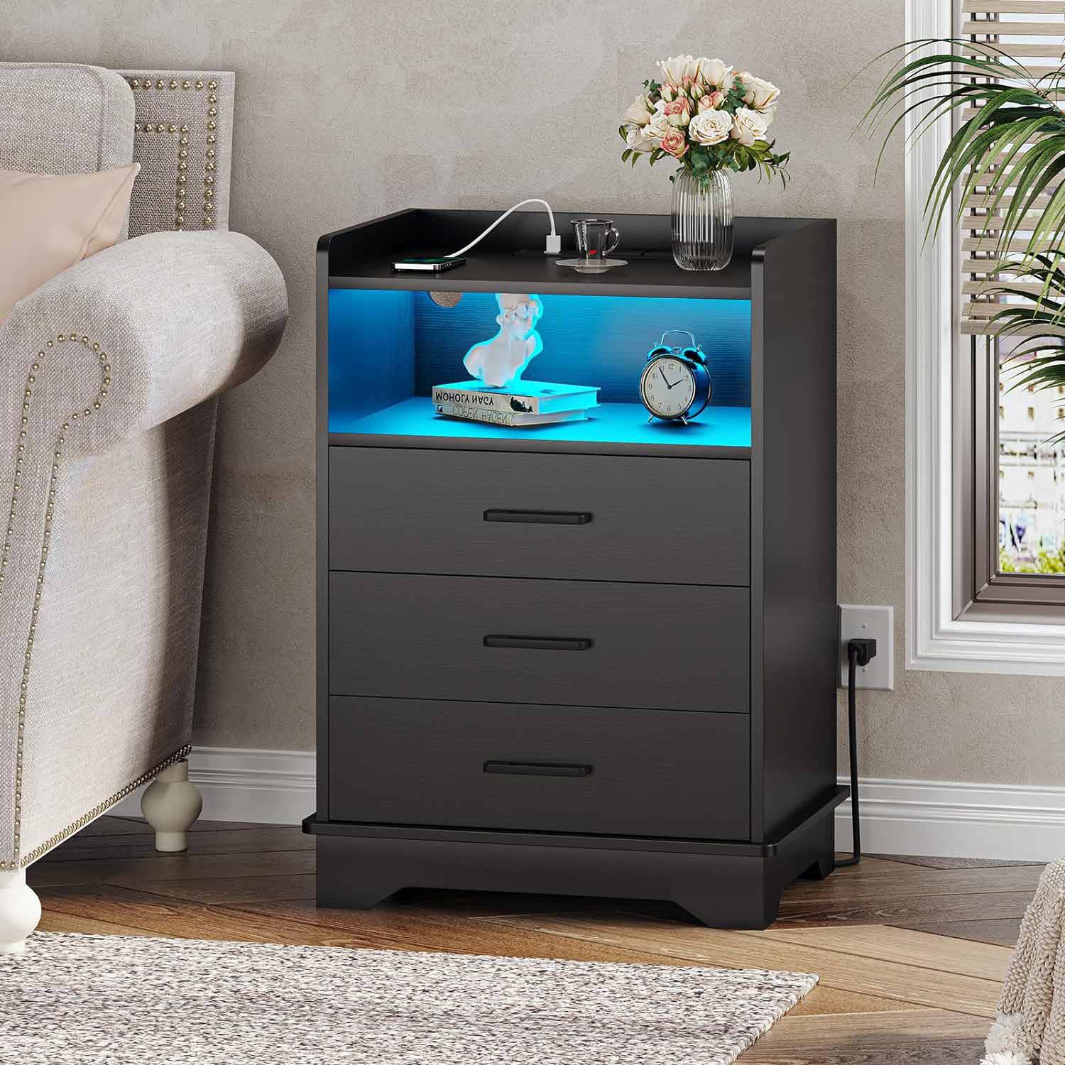 Sikaic Nightstands LED Nightstand with Charging Station 3 Drawers and Open Storage Black
