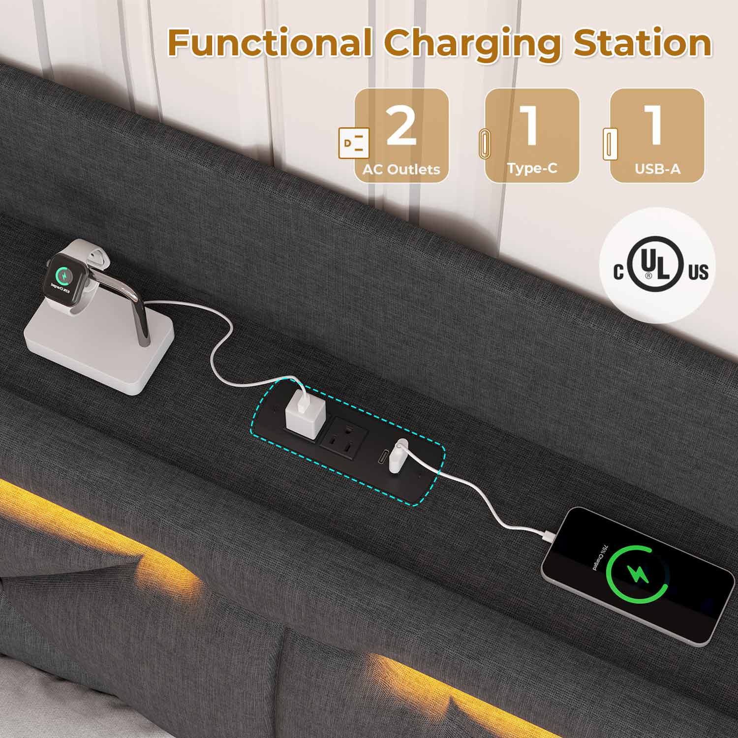 Sikaic Bed Frame LED Floating Bed Frame with Charging Station Hidden Storage Dark Grey