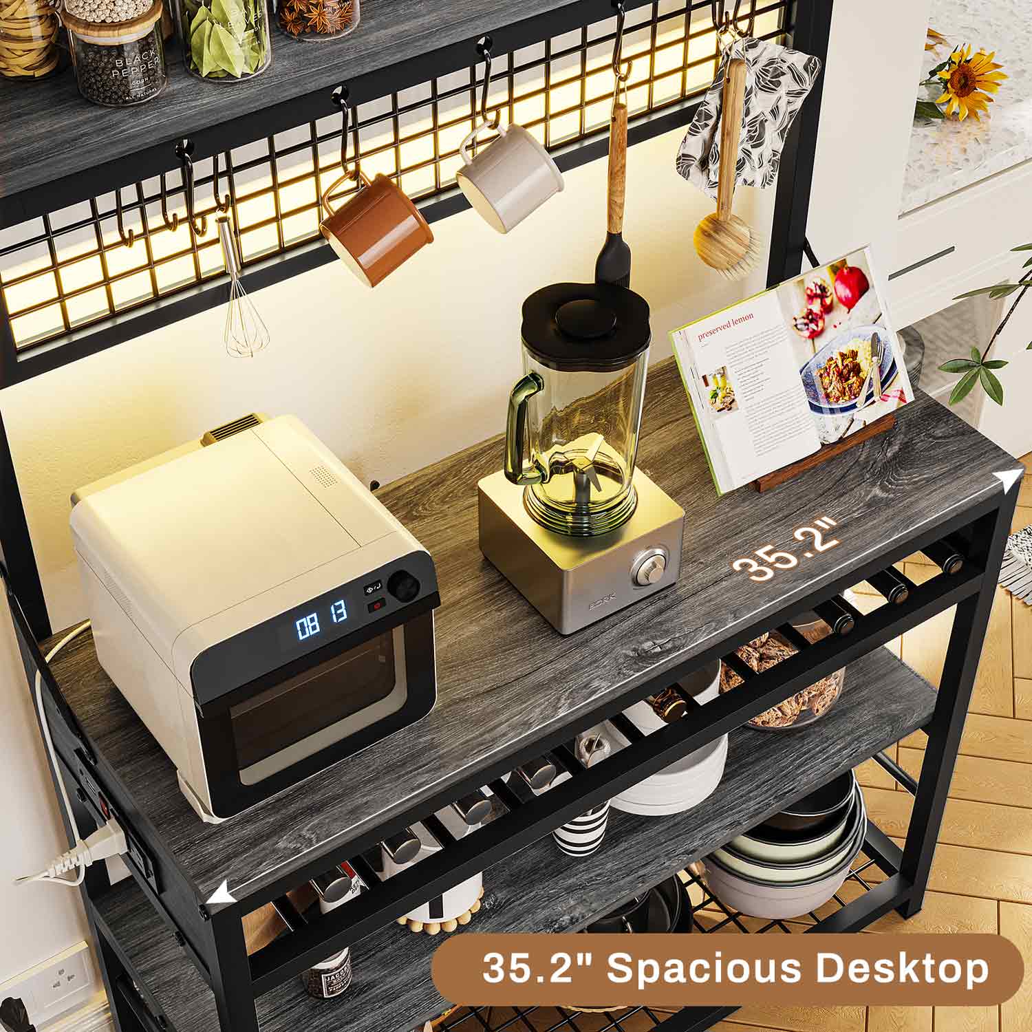 Sikaic Bakers Rack LED Bakers Rack with Power Outlet Storage Grey