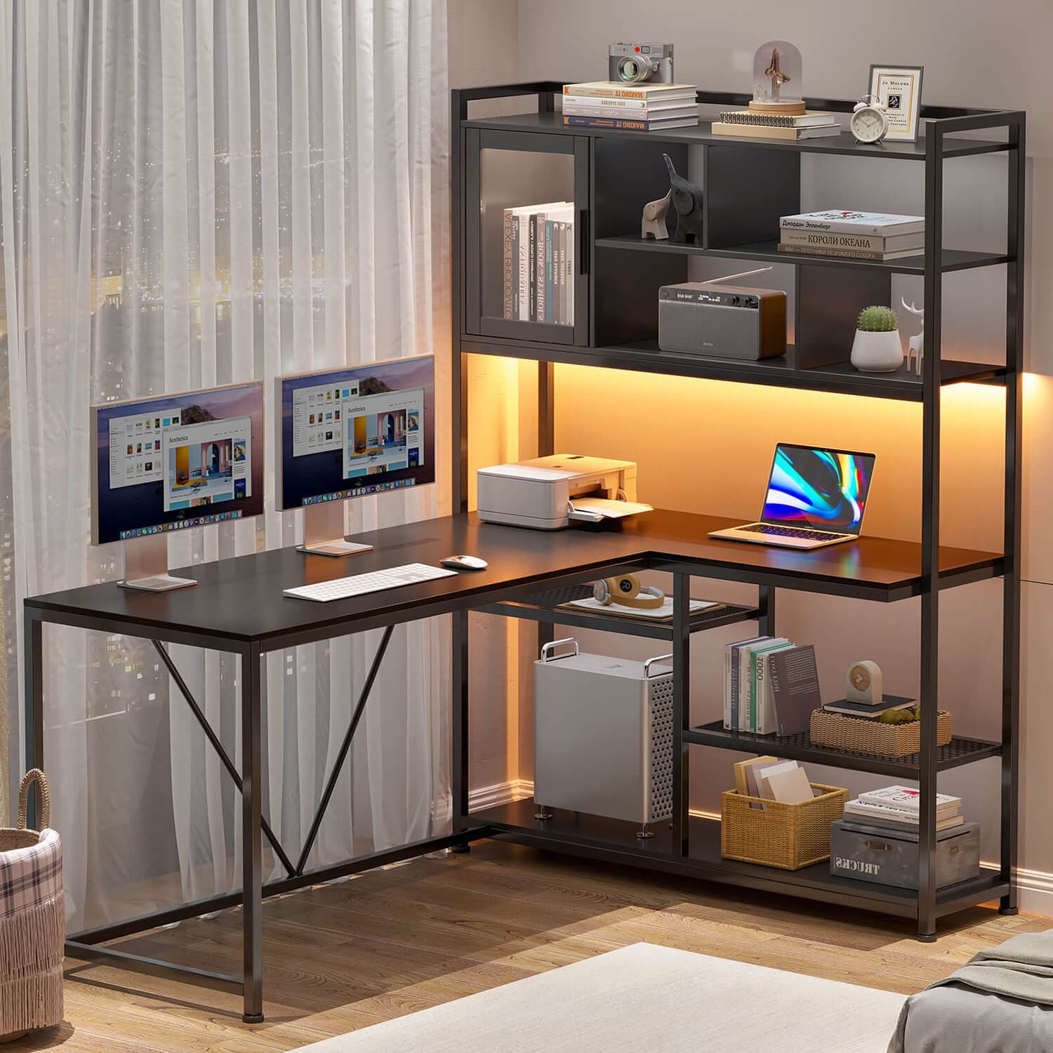 Sikaic Gaming Desk 58 Inches L Shape Corner LED Gaming Desk with Bookshelf Storage Shelves Black