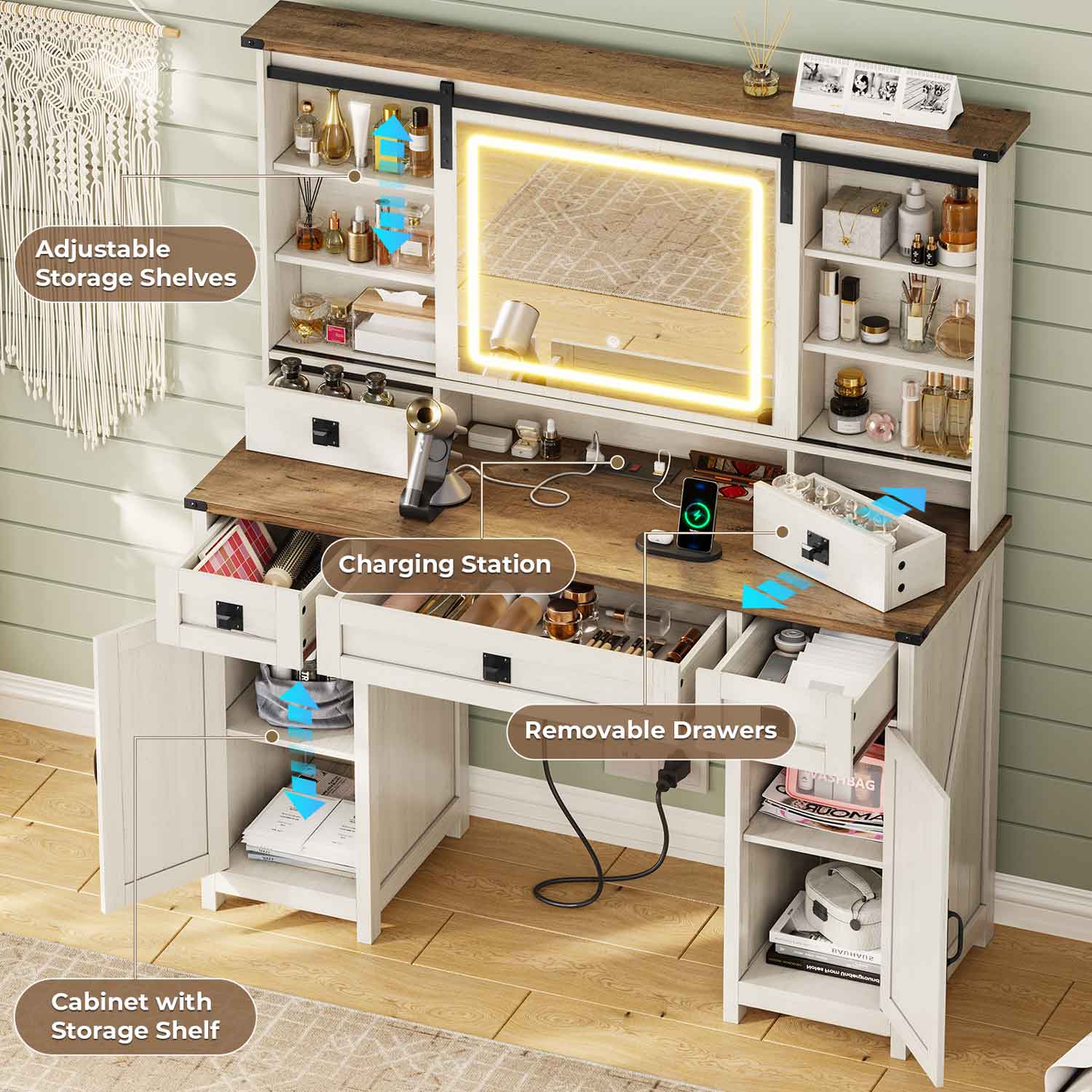Sikaic Makeup Vanity Large Makeup Vanity with Lights & Charging Station Ample Storage Space and Sliding Mirror White