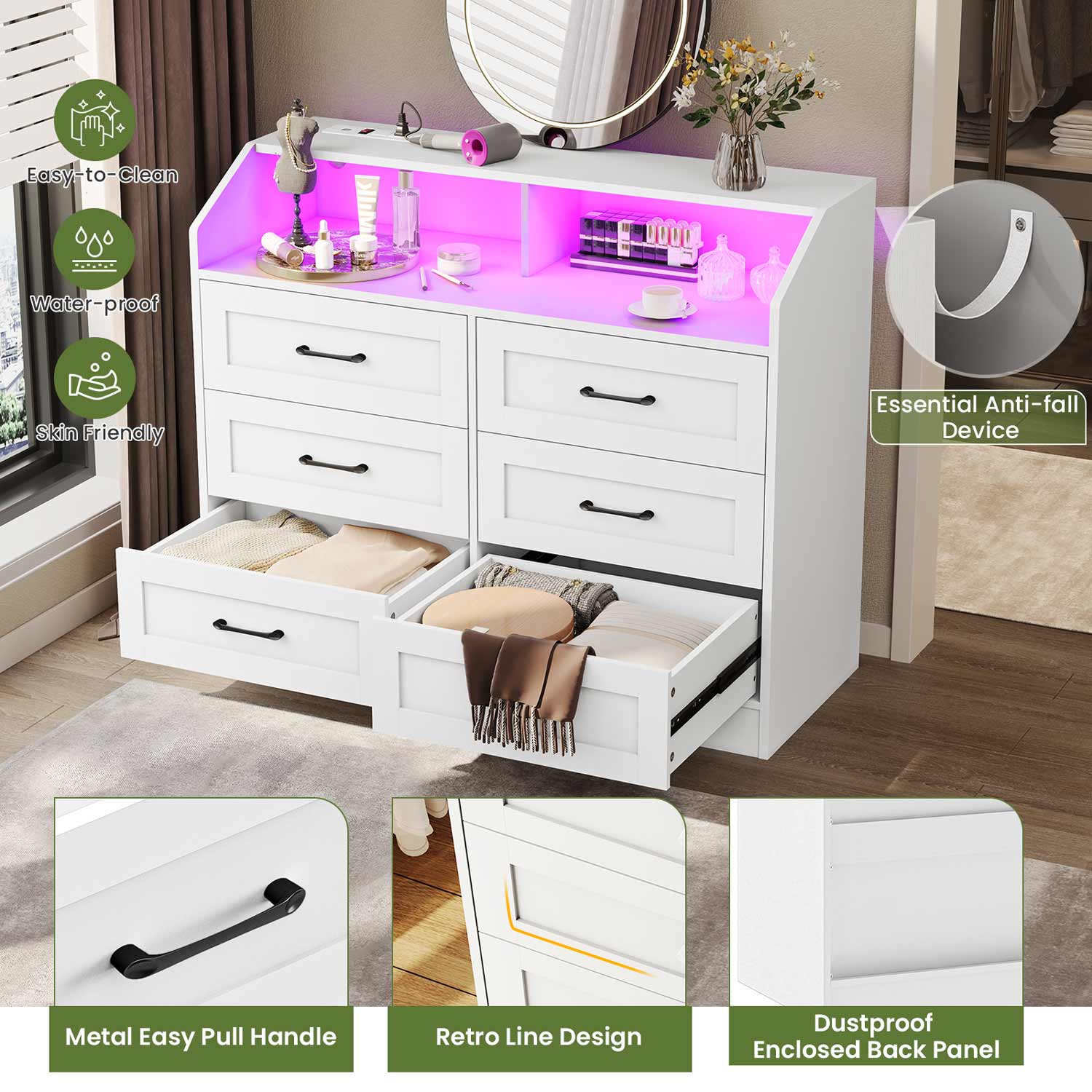 Sikaic Dresser LED 6 Drawers Dresser with Charging Station Open Space Large Capacity Storage Cabinet White