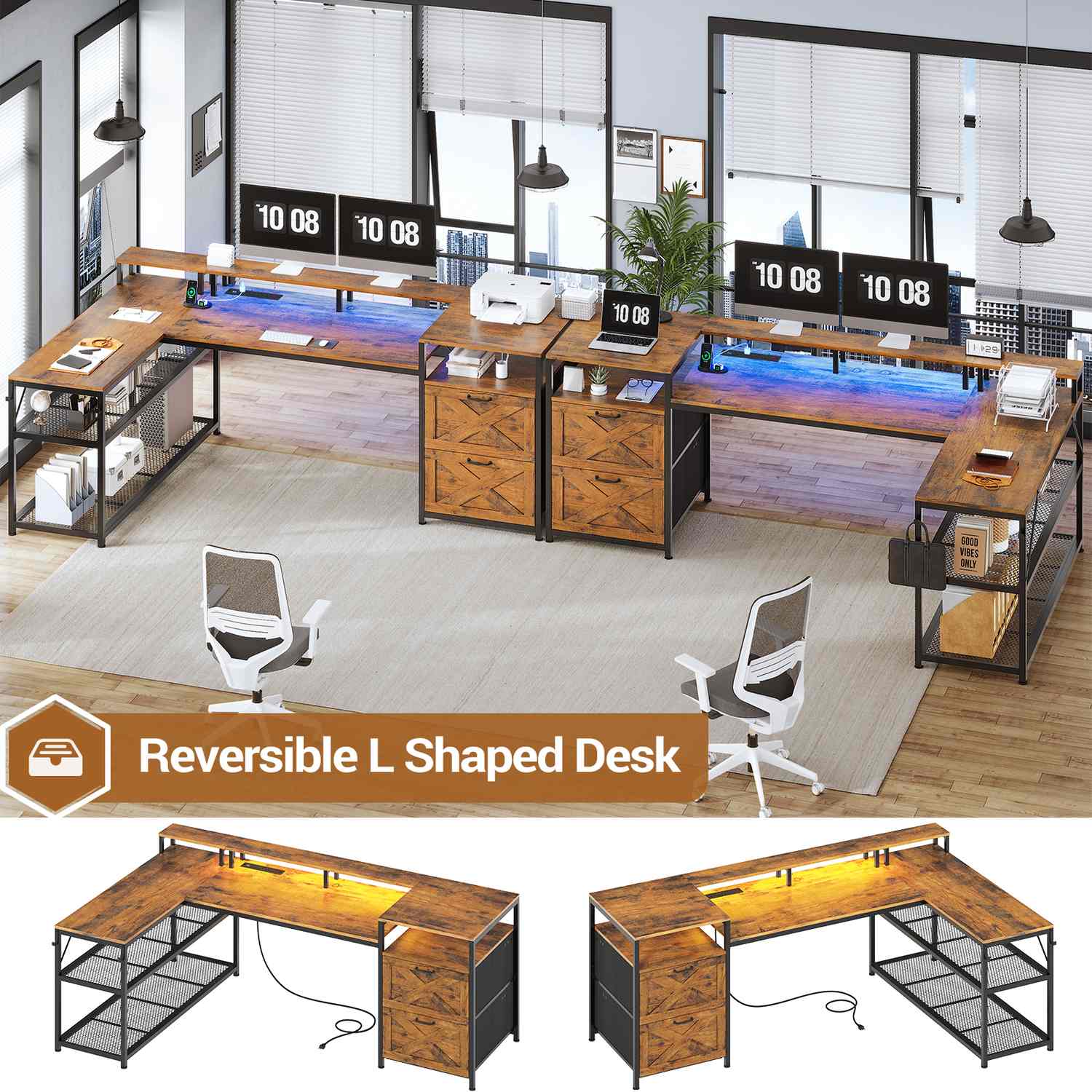 Sikaic Gaming Desk 67 Inches Reversible L Shaped Gaming Desk with Power Outlet LED Lights & Drawers Storage Shelves Rustic Brown