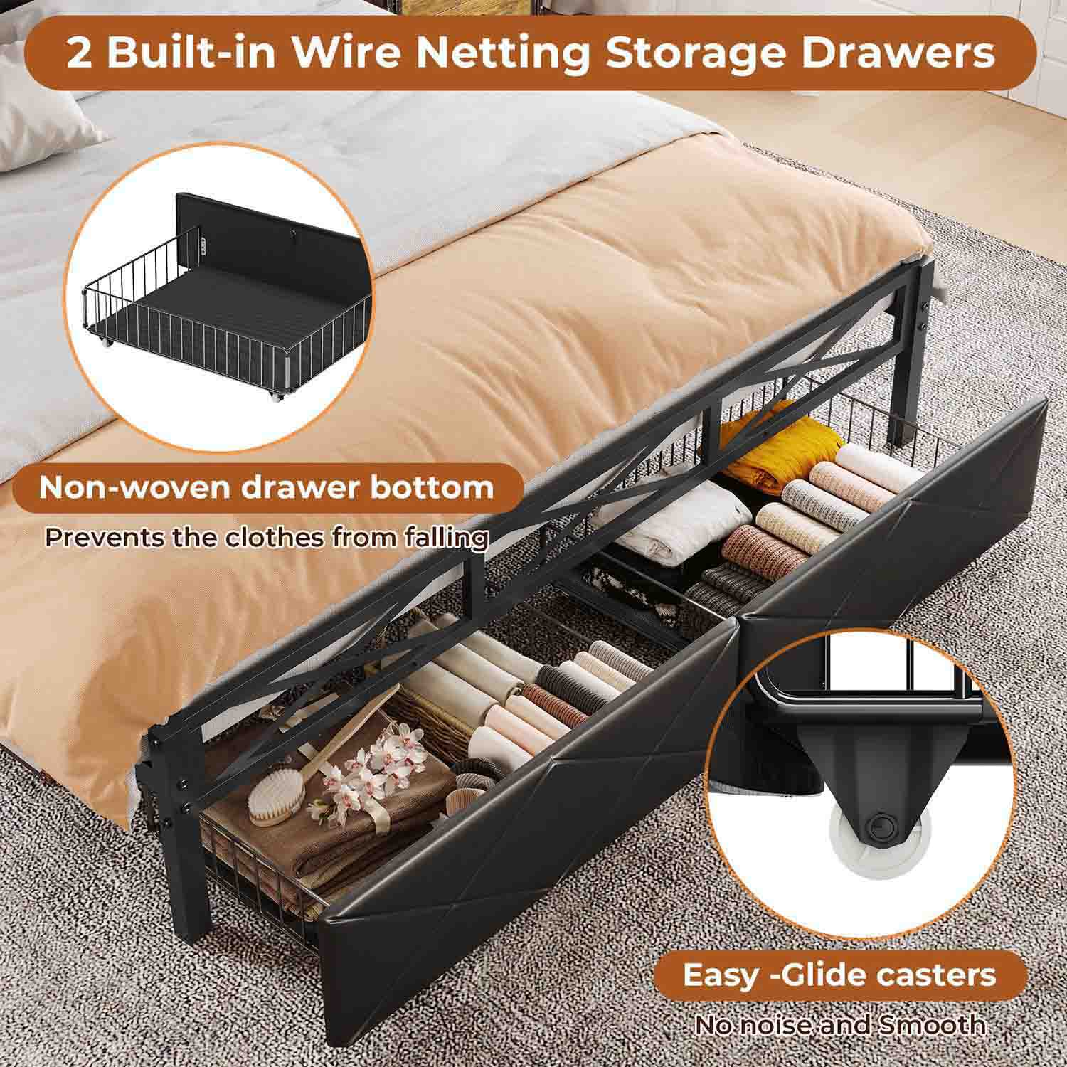 Sikaic Bed Frame LED Metal Bed Frame Storage Headboard with Charging Station Black