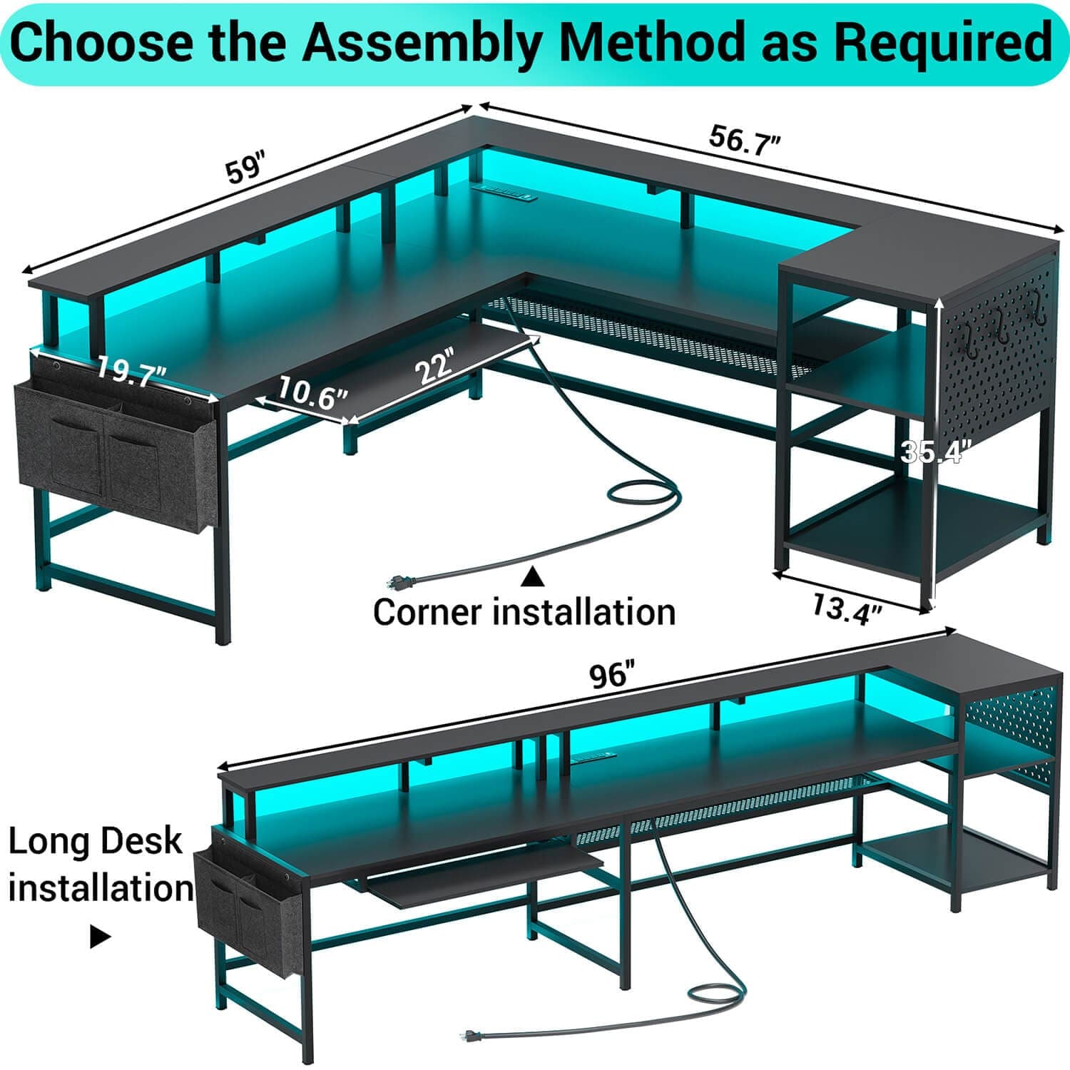 Sikaic L Shaped Reversible LED Gaming Desk with Power Outlets Strip Monitor Shelf Keyboard Tray Pegboard and Storage Shelves Black