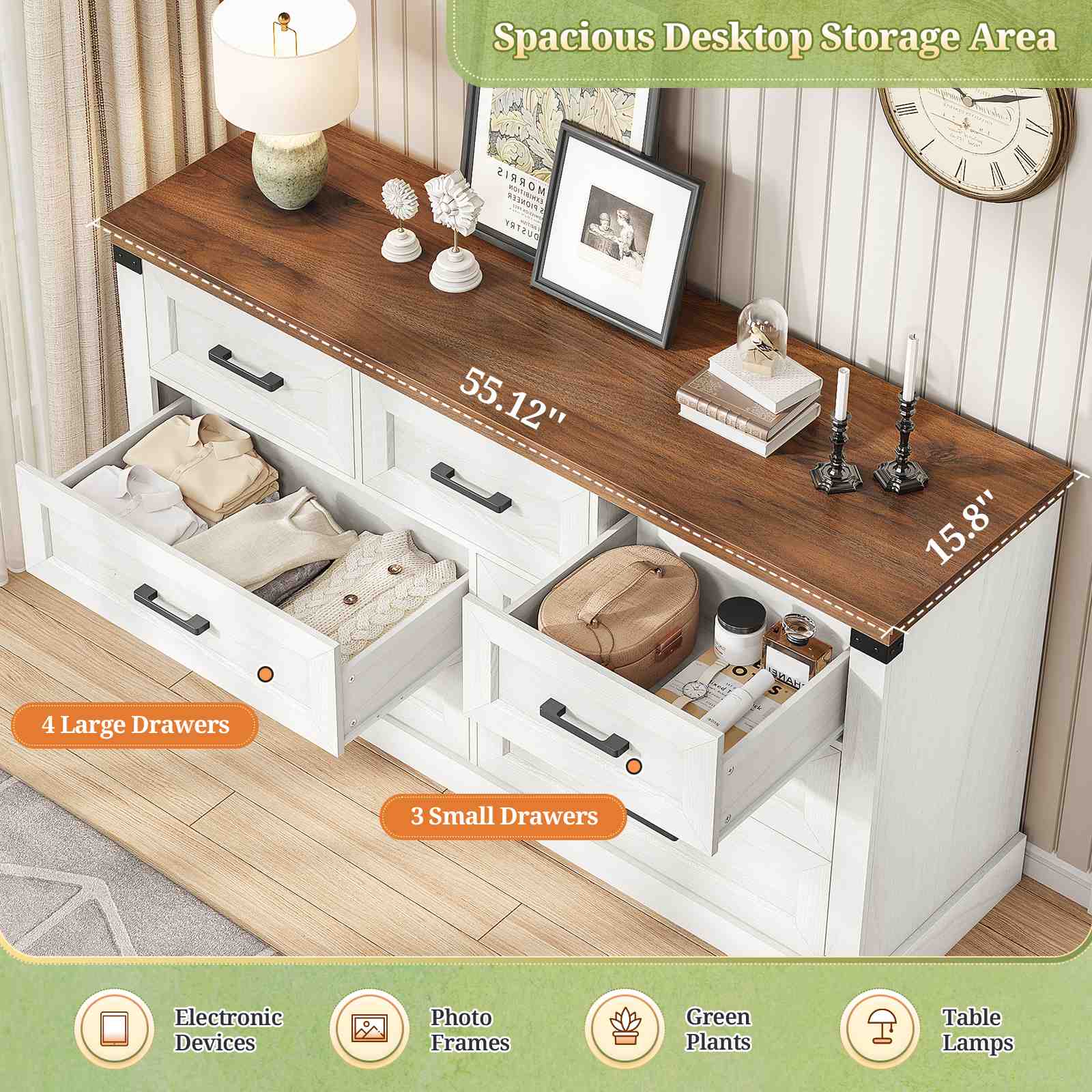 Sikaic Dresser Large Multifunctional Dresser with 7 Drawers White White / Engineered Wood / Farmhouse