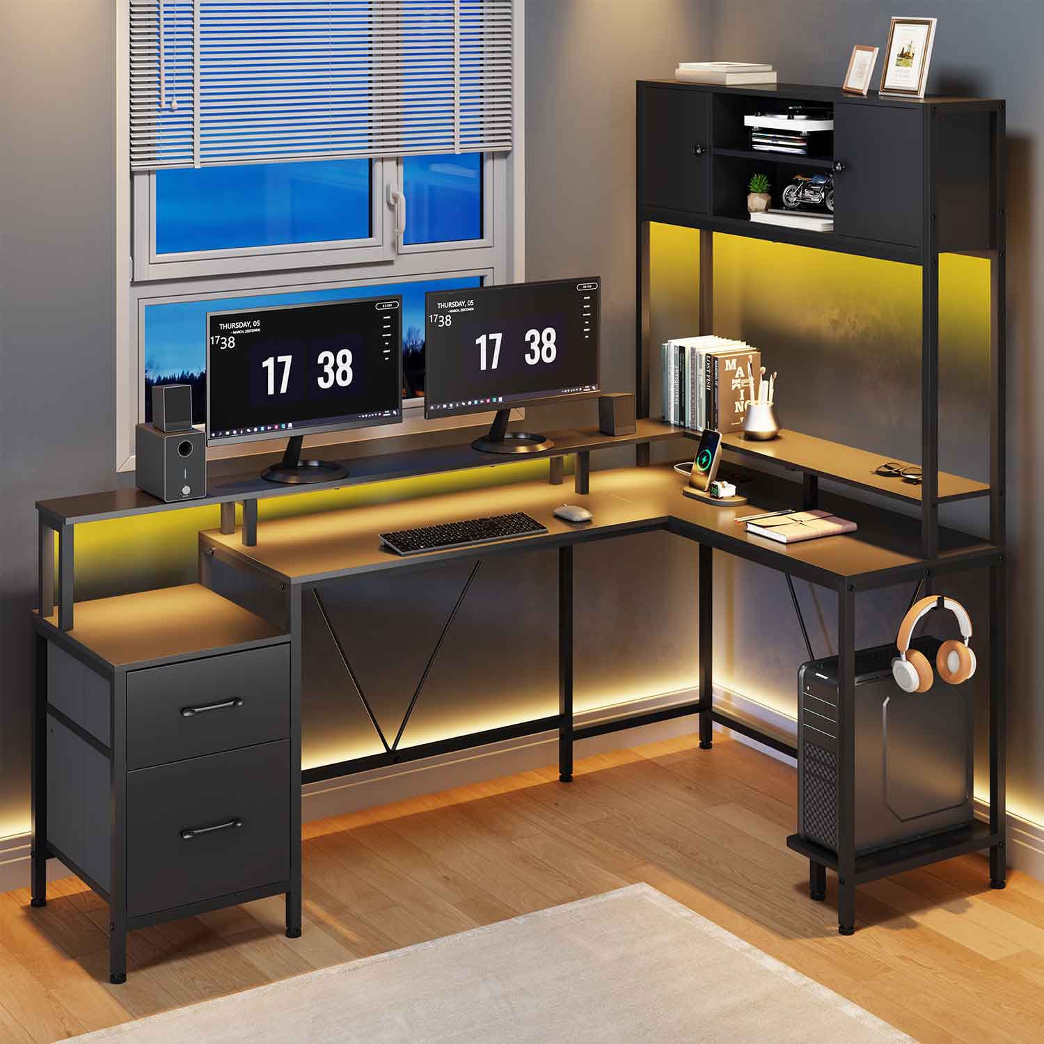 Sikaic Gaming Desk Reversible L-Shaped Led Gaming Desk With Power Outlets and Monitor Stand & 2 Drawers Black Black / Engineered Wood / Modern