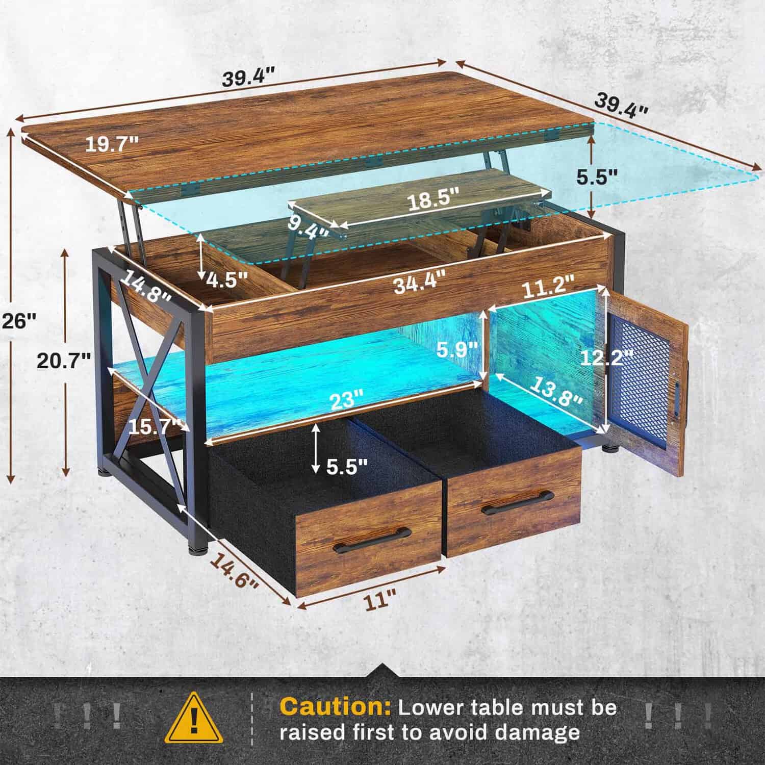 Sikaic Coffee Table 40 Inches 4 in 1 Lift Top Coffee Table with Storage Cabinet 2 Fabric Drawers & LED Light for Dining Room Brown