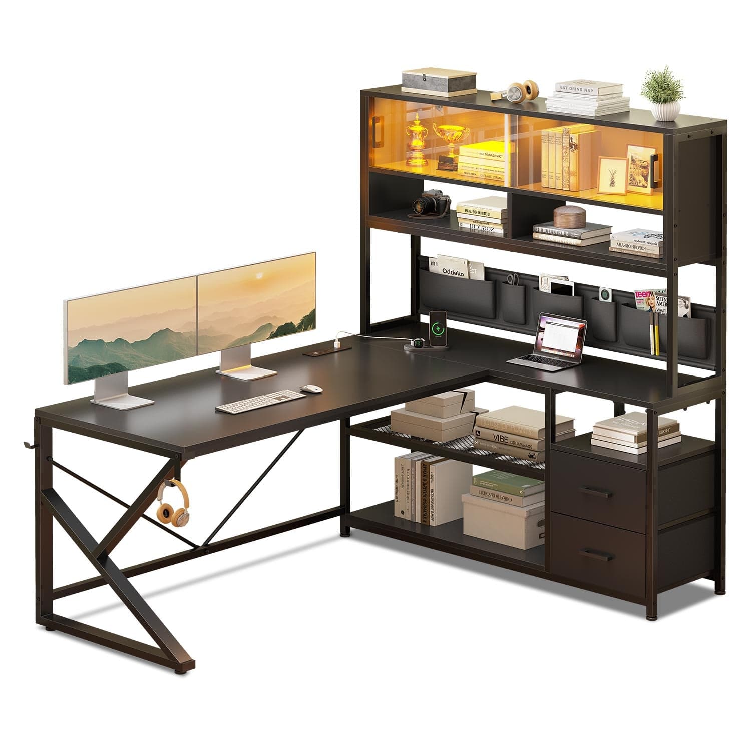 Sikaic Gaming Desk LED L Shaped Gaming Desk Black Black / Engineered Wood / Modern