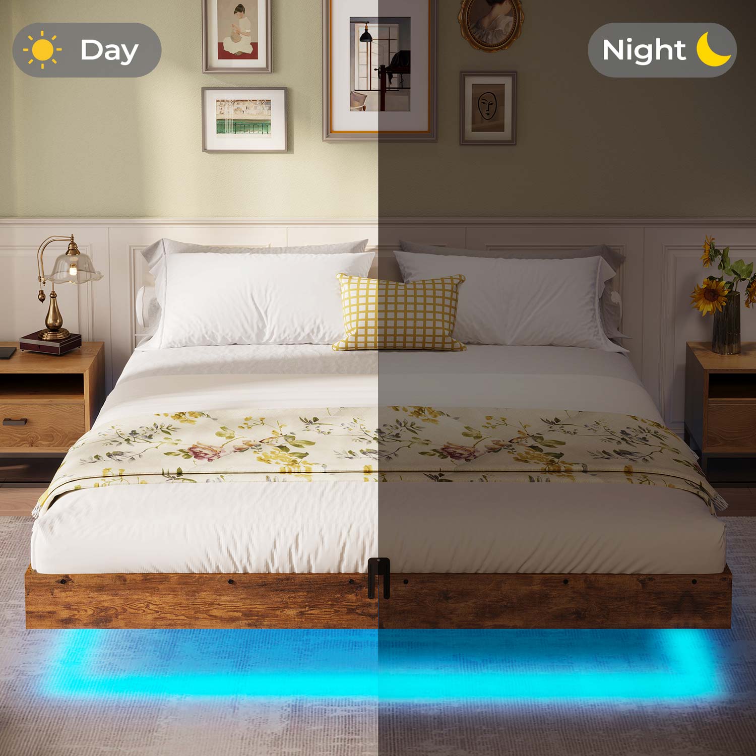 Sikaic Bed Frame Floating Industrial Wooden Metal Platform Bed Frame with LED Lights Noise Free No Box Spring Needed Vintage Brown