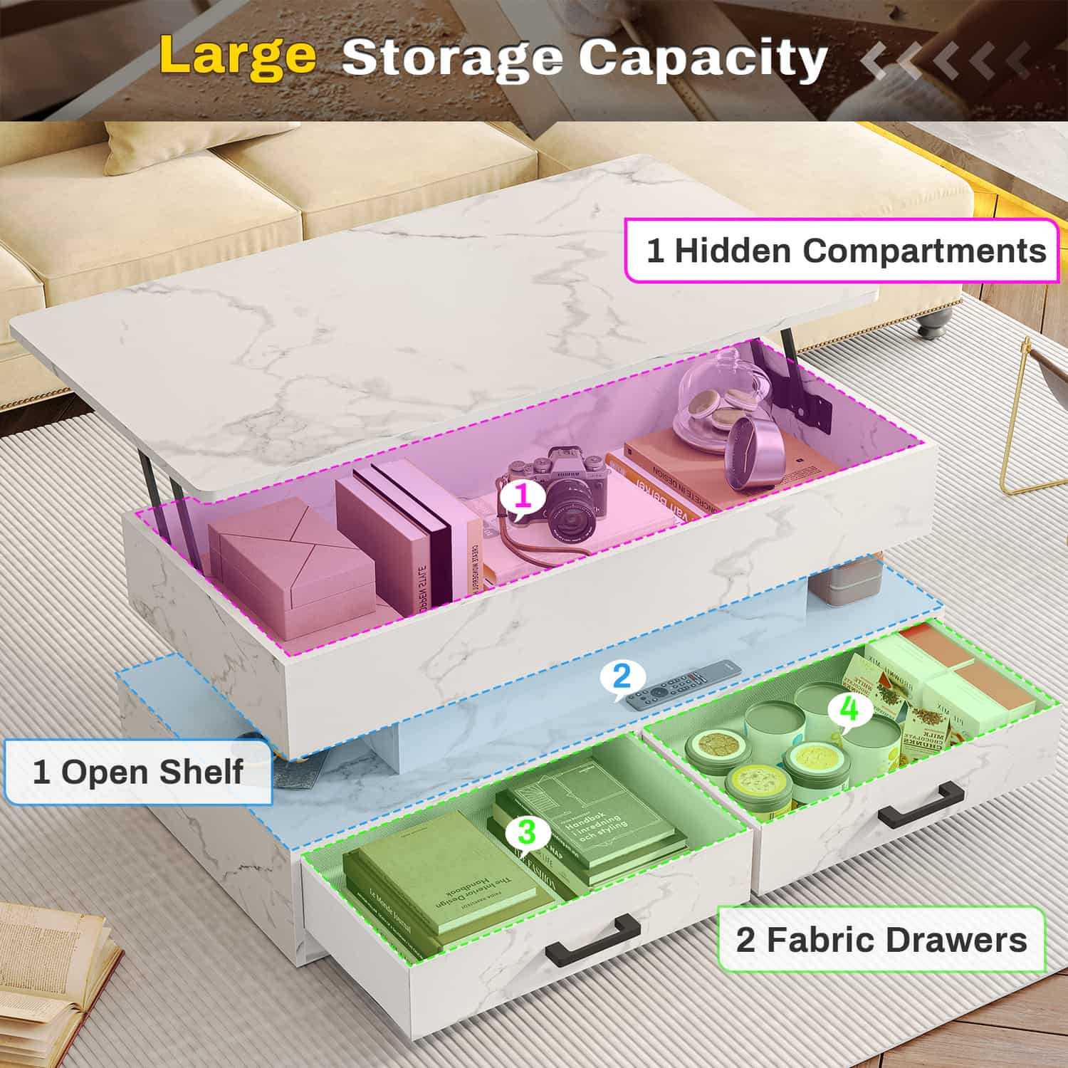 Sikaic Coffee Table 40 Inches Lift Top Coffee Table with 2 Fabric Drawers and LED Light White Marble