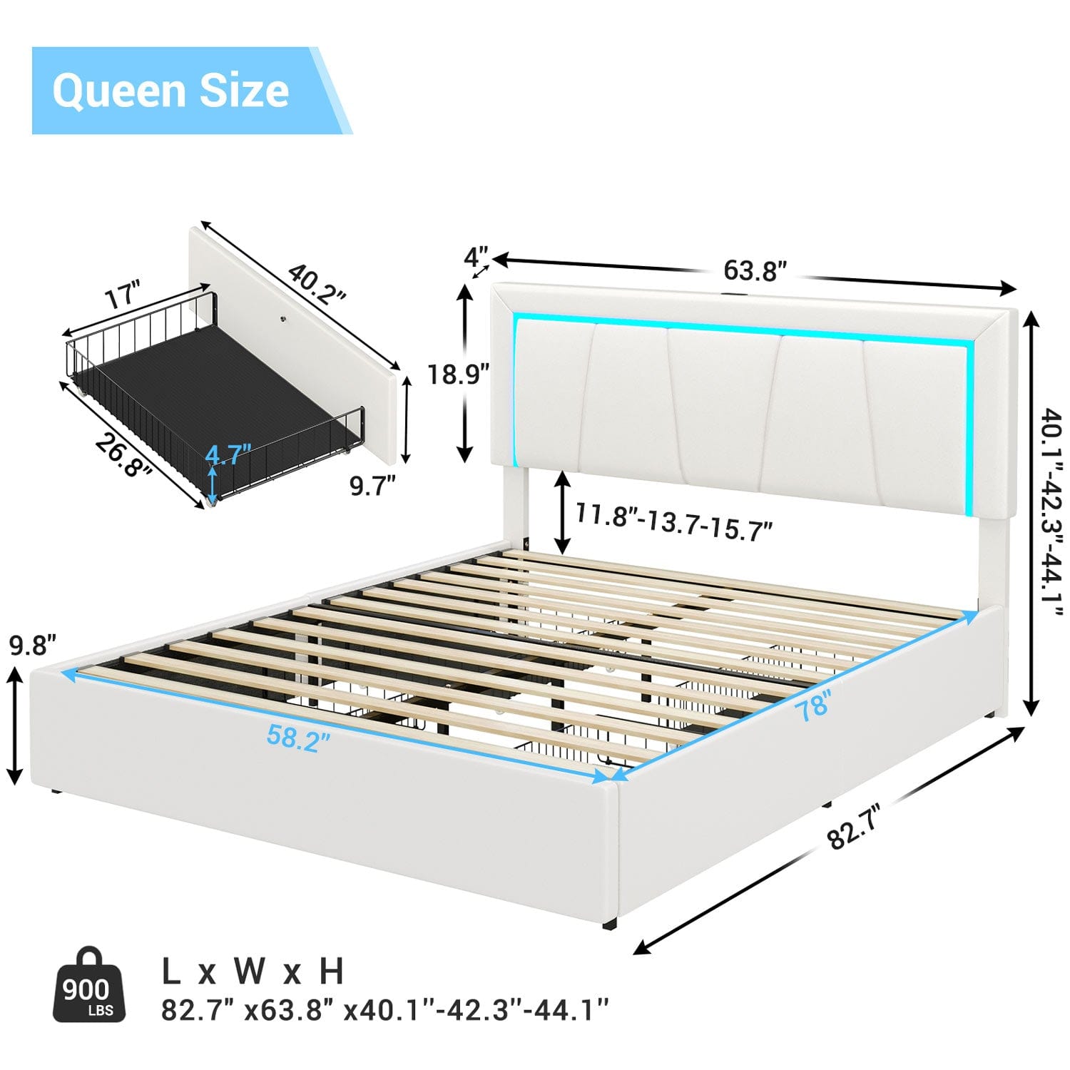 Sikaic Beds & Bed Frames Faux Leather Platform LED Bed Frame with Storage Drawers and USB Ports Adjustable Headboard White