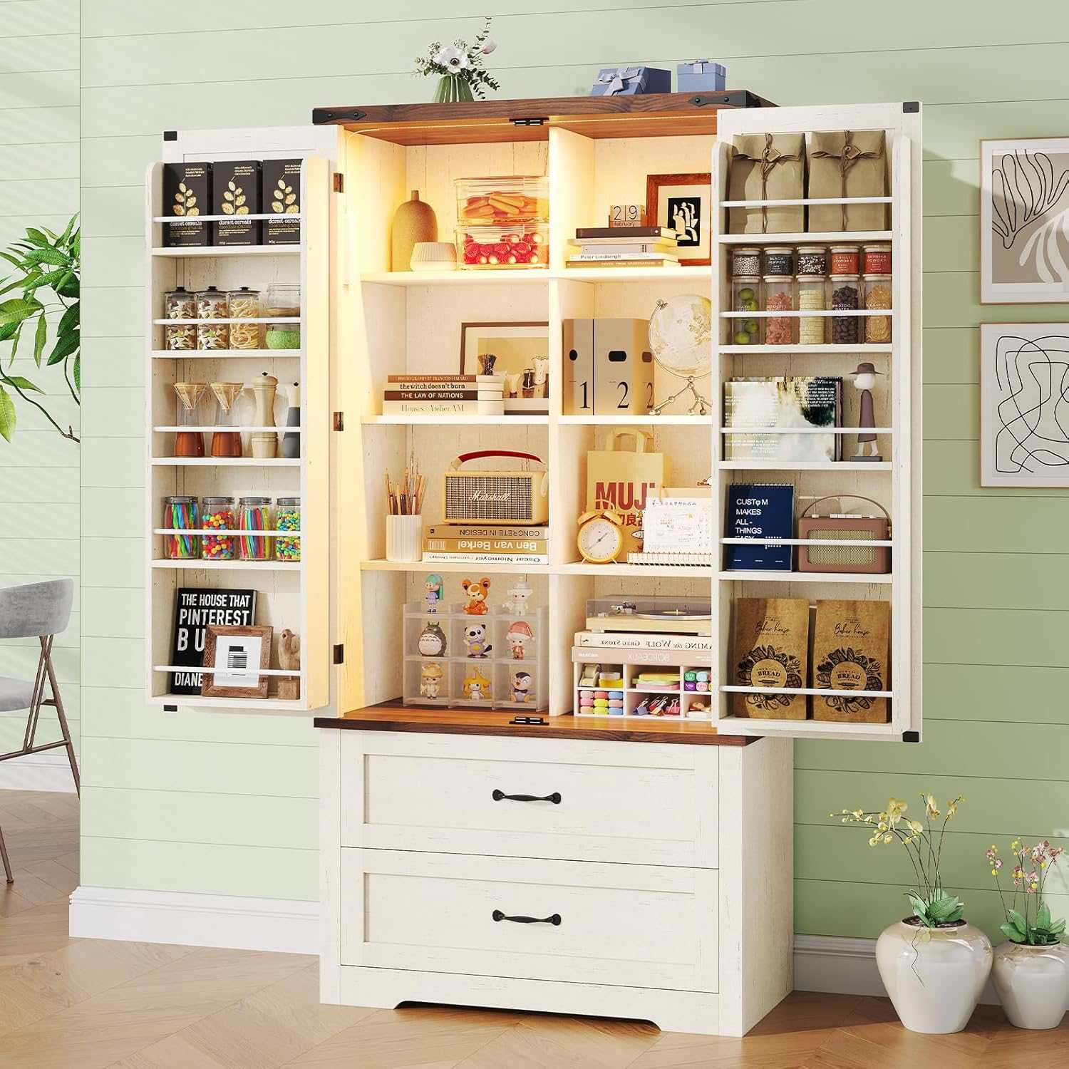 Sikaic Pantry Cabinet 71 Inches Kitchen Pantry Cabinet with Drawer Old White Brown White / Engineered Wood / Modern