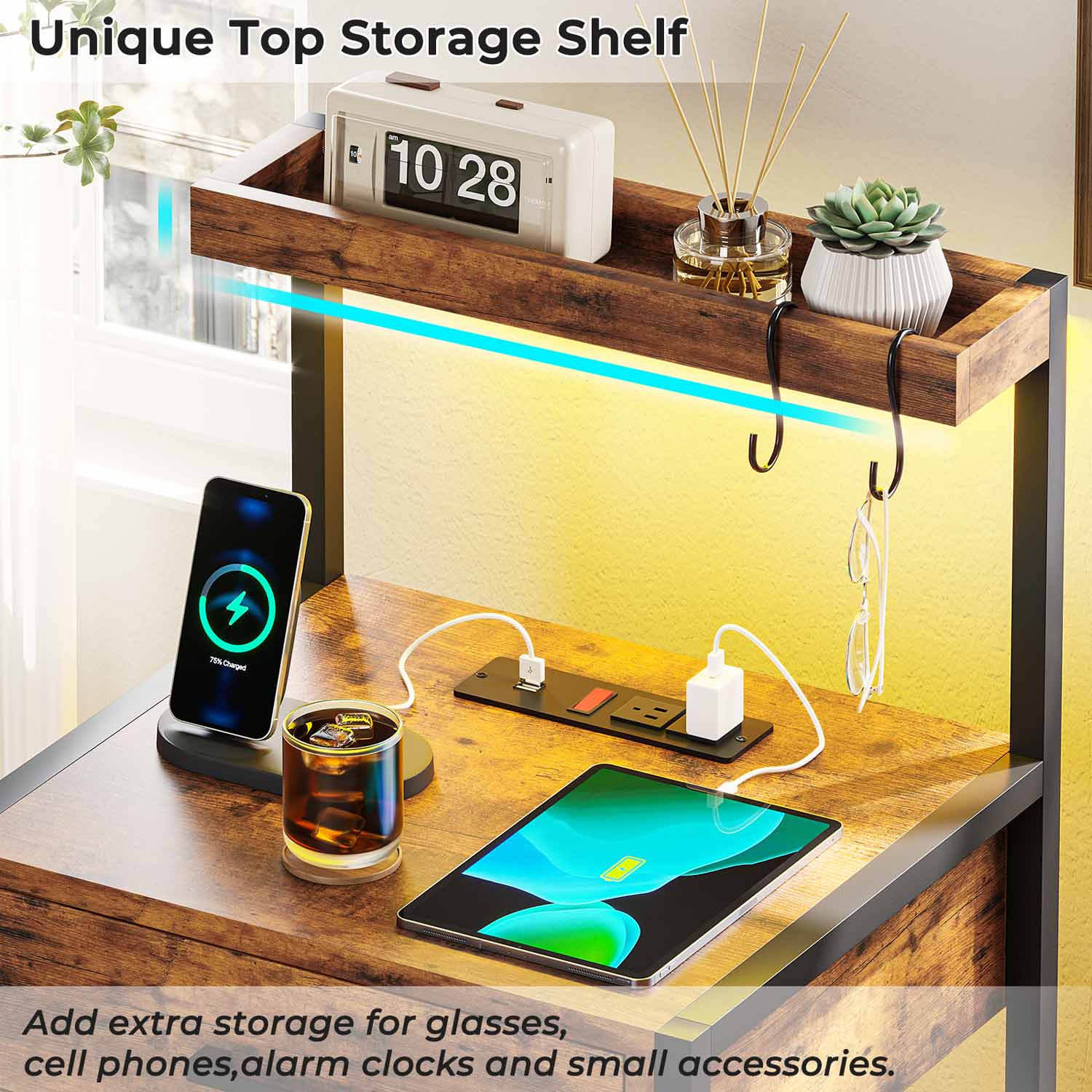 Sikaic Nightstand LED Nightstand with Charging Station 3 Drawers Brown