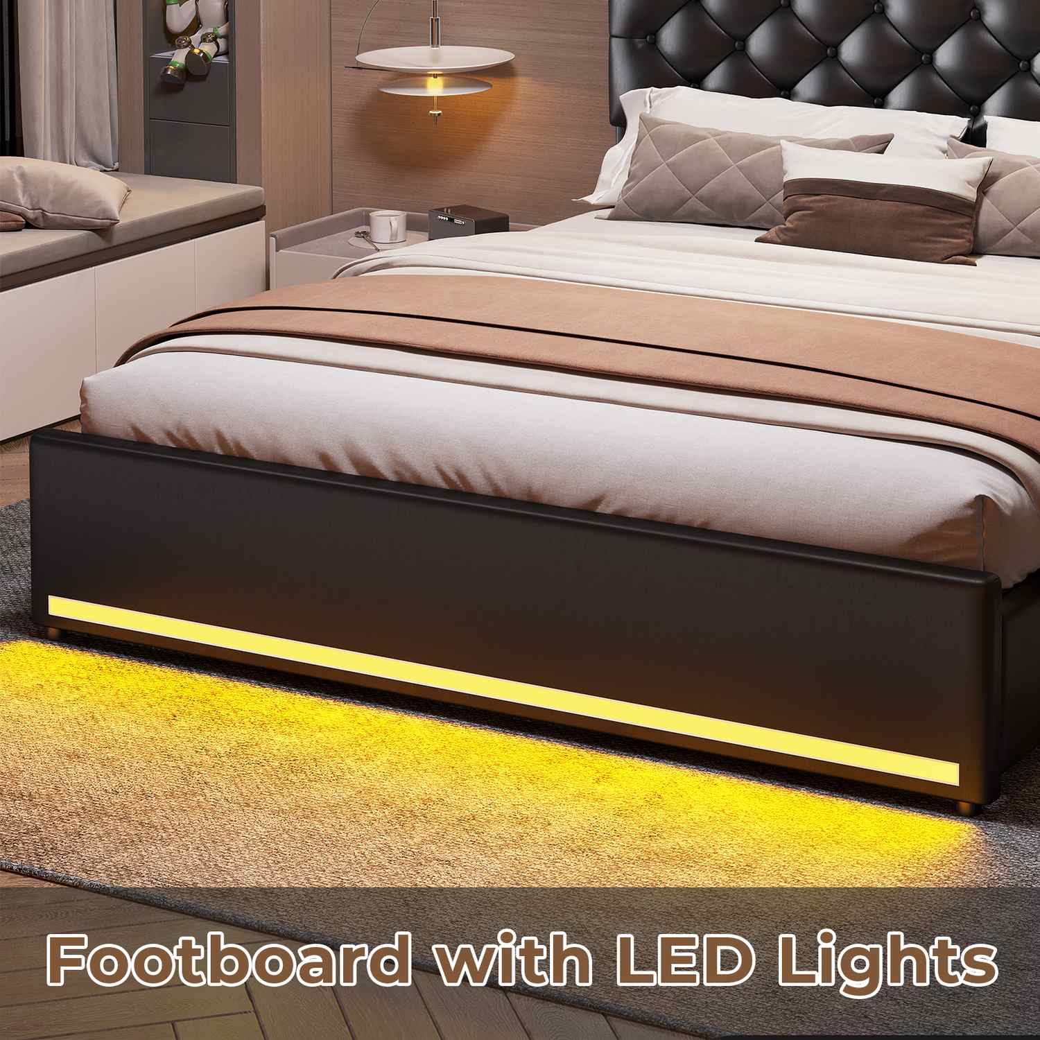 Sikaic Bed Frame Upholstered Platform Bed Frame with LED Lights & Charging Station Hidden Storage Headboard and 4 Drawers PU Black
