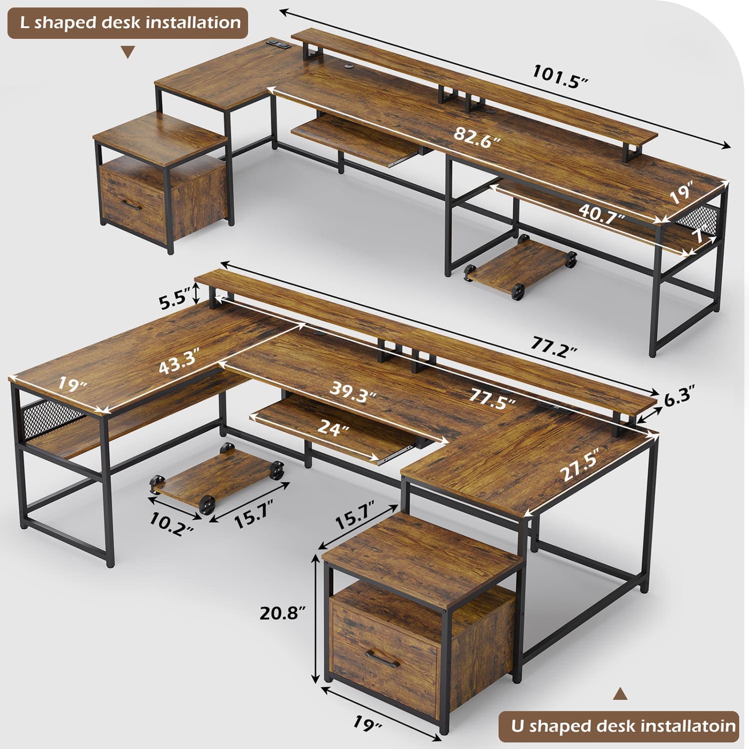 Sikaic Computer Desk 101.5 Inches U Shaped Reversible L Shaped Computer Desk with File Drawer Power Outlet Keyboard Tray Rustic Brown