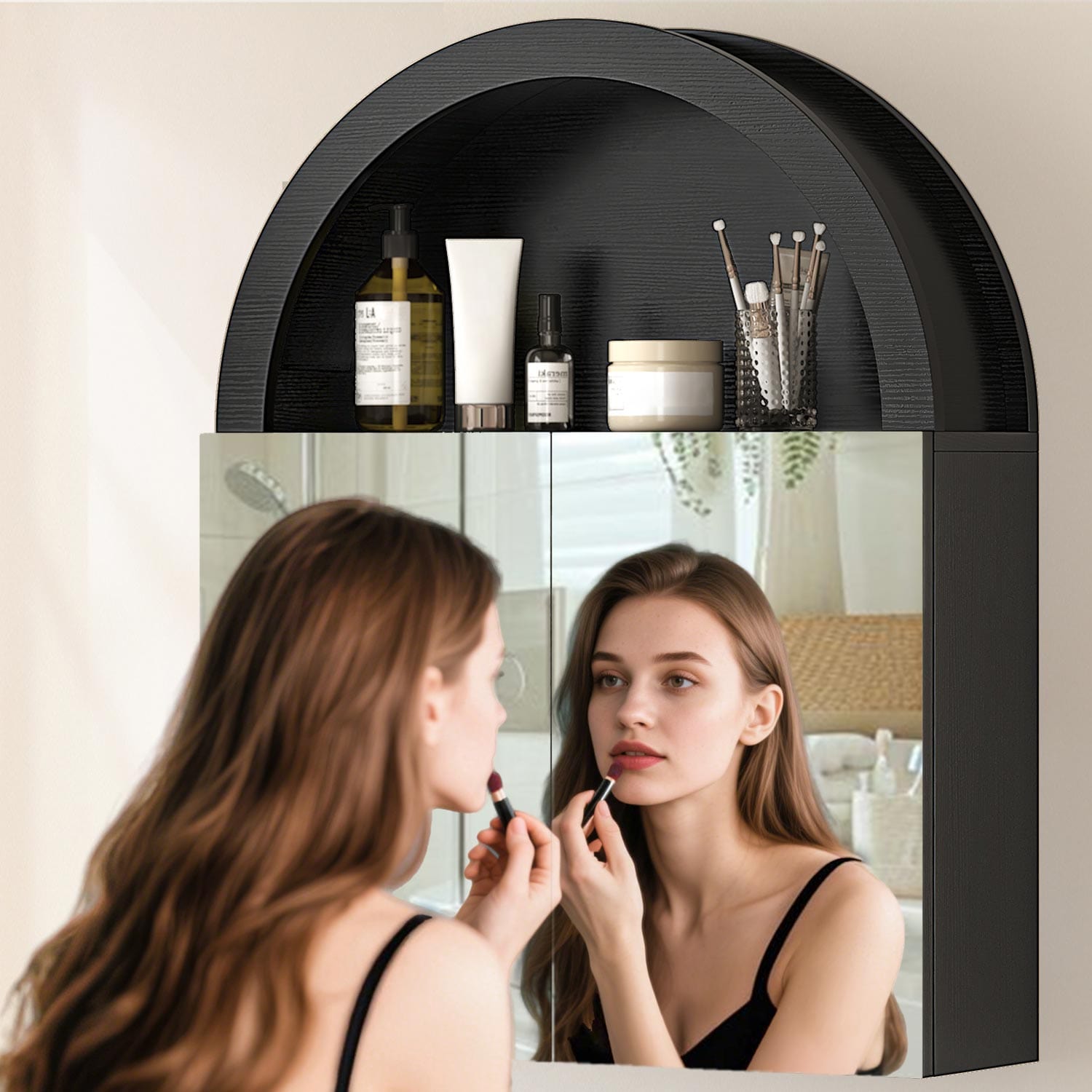 Sikaic Medicine Cabinet Arched Bathroom Wall Cabinet with High Gloss Mirror Black Black / Engineered Wood / Modern