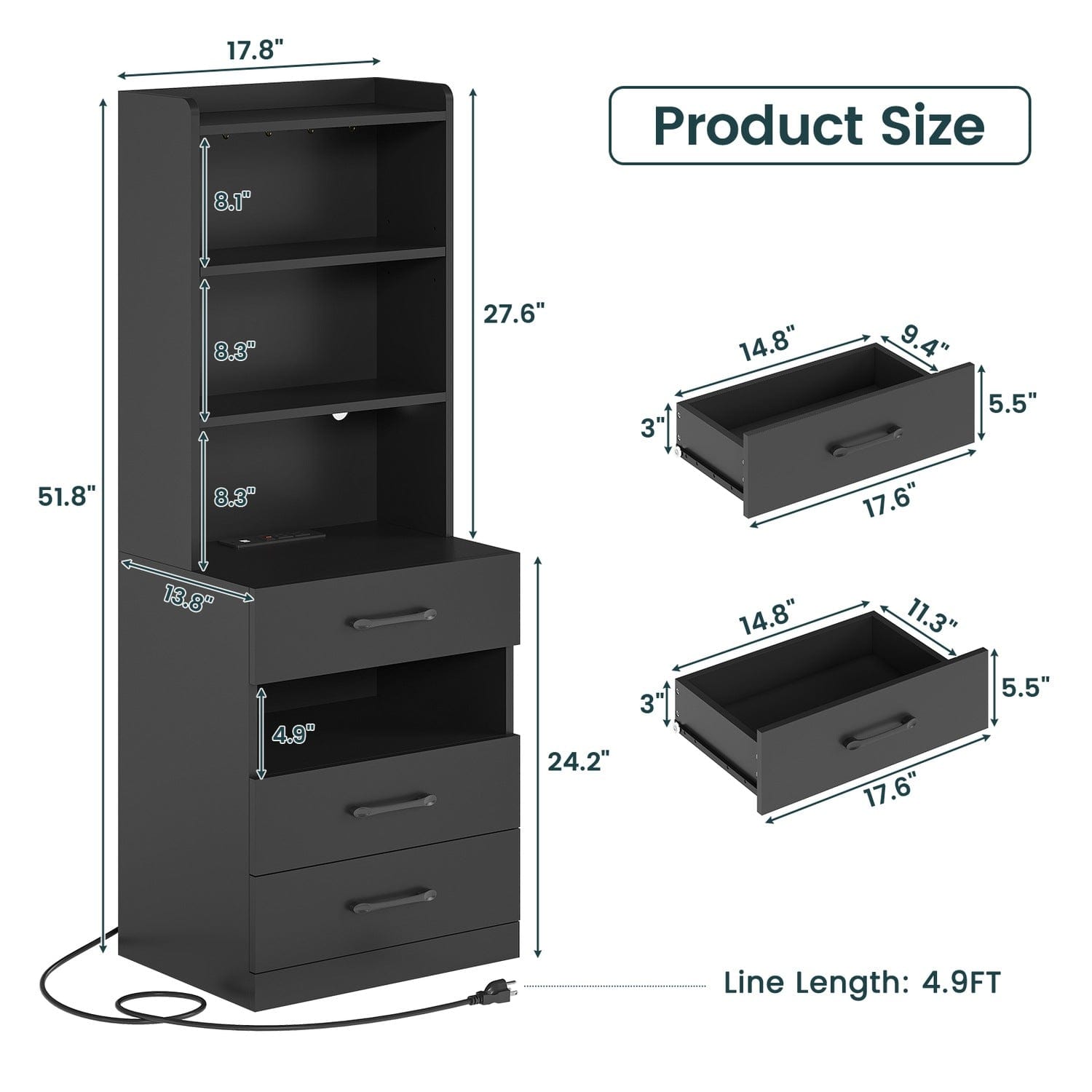 Sikaic Nightstand LED Tall Nightstand with Charging Station 3 Drawers And Bookshelf Black
