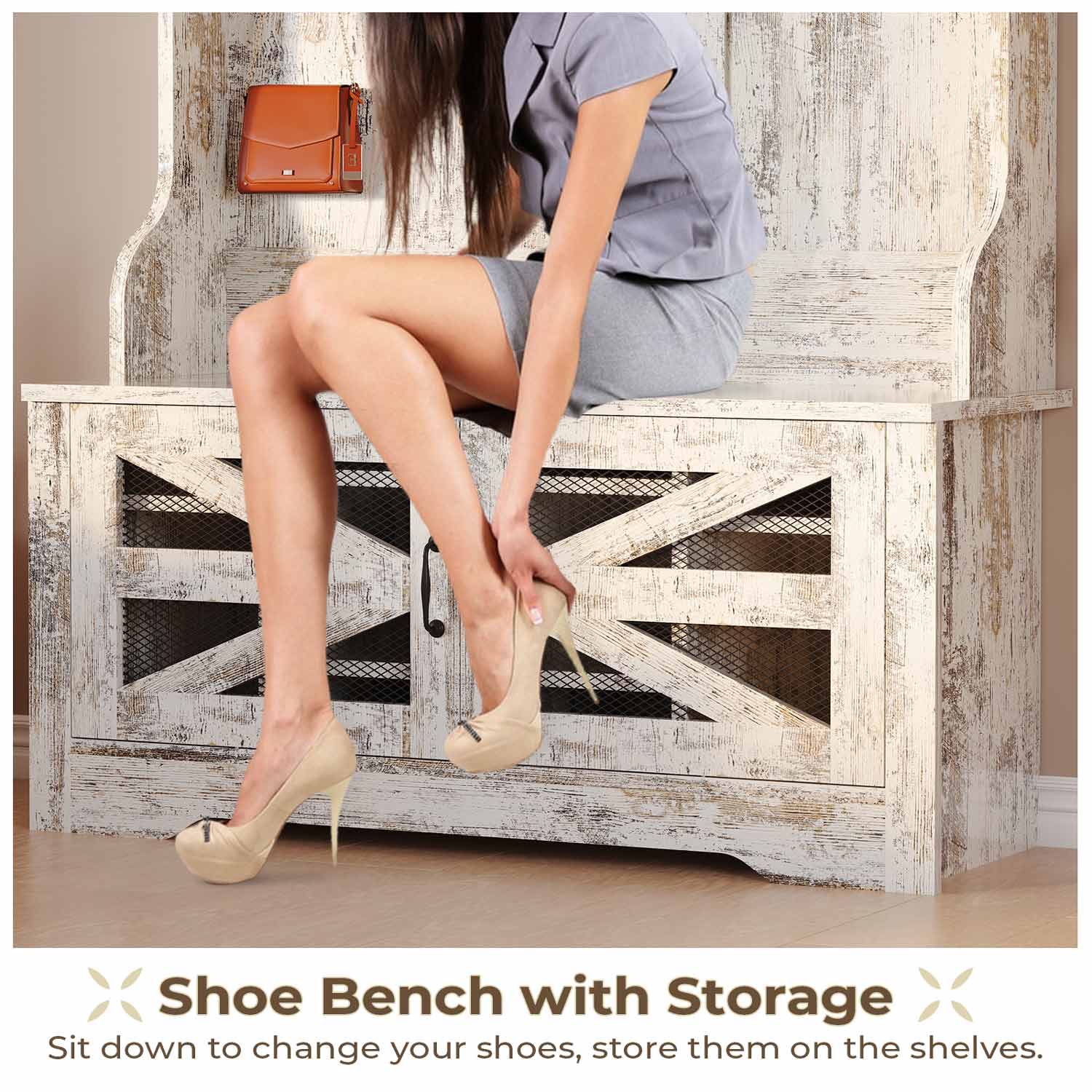 Sikaic Hall Tree 5-in-1 Hall Tree with Bench and Shoe Storage Vintage White