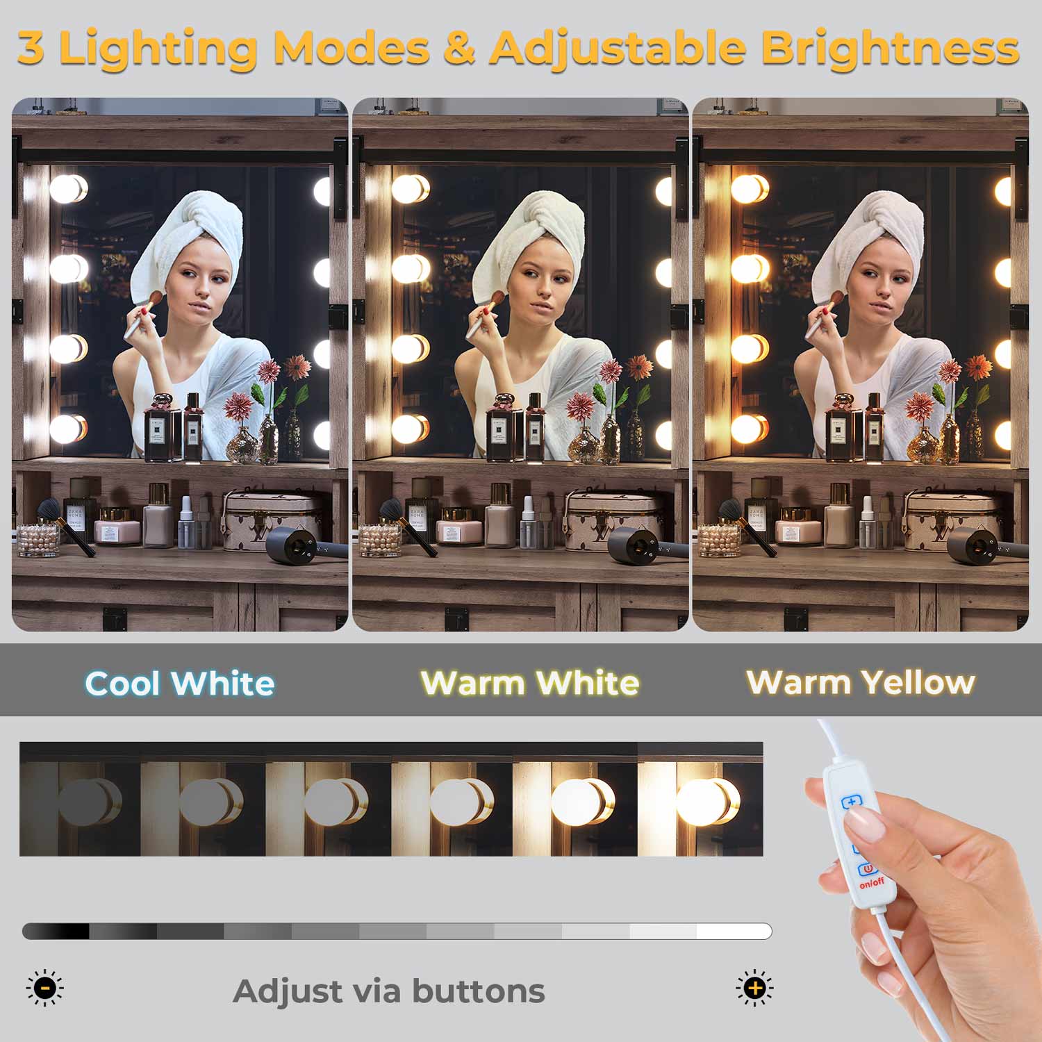 Sikaic Makeup Vanity Sliding Mirror Makeup Vanity with Lights & Barn Doors Charging Station Jewelry Hooks and Open Storage Shelves Brown