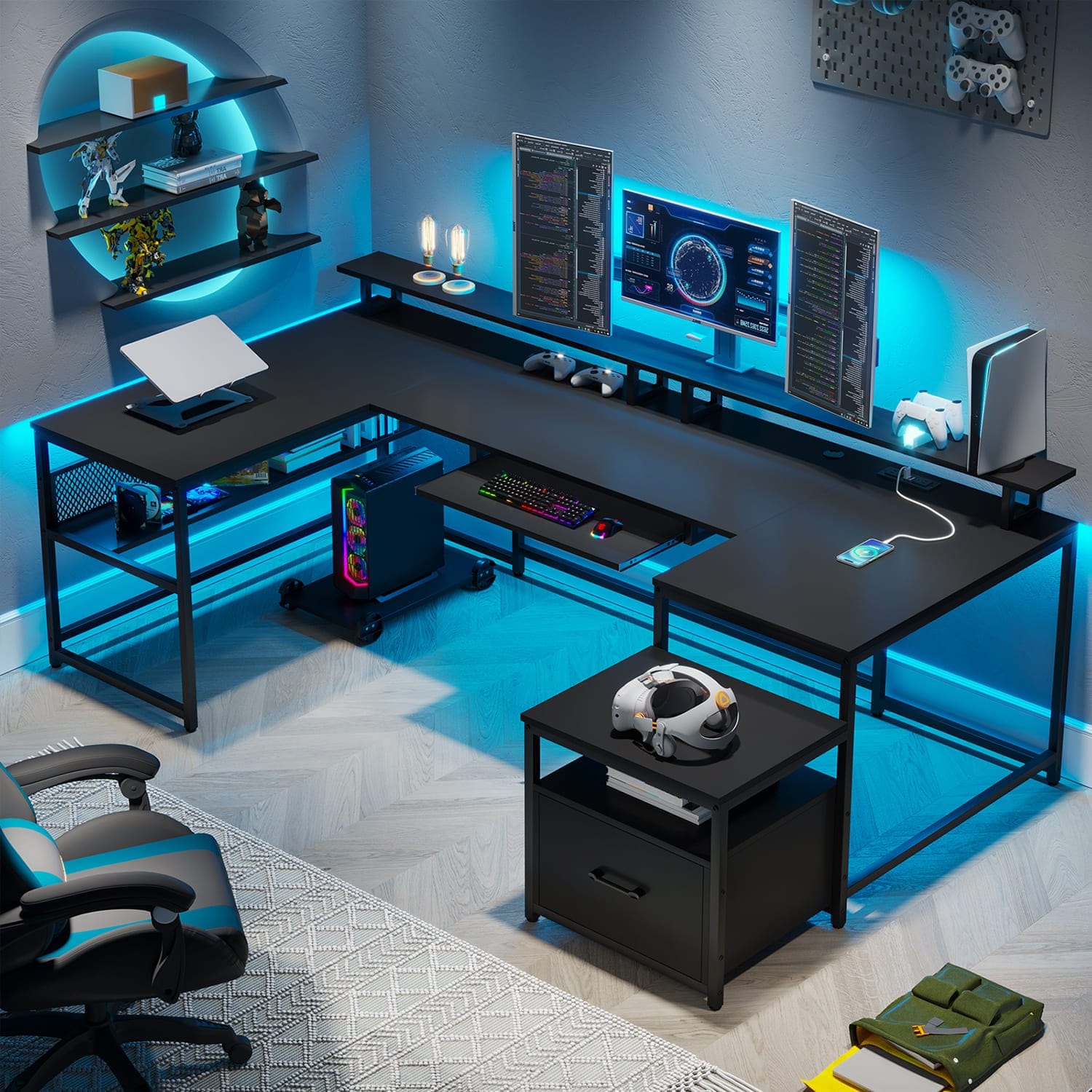 Sikaic Computer Desk 101.5 Inches U Shaped Reversible L Shaped Computer Desk with File Drawer Power Outlet Keyboard Tray Black