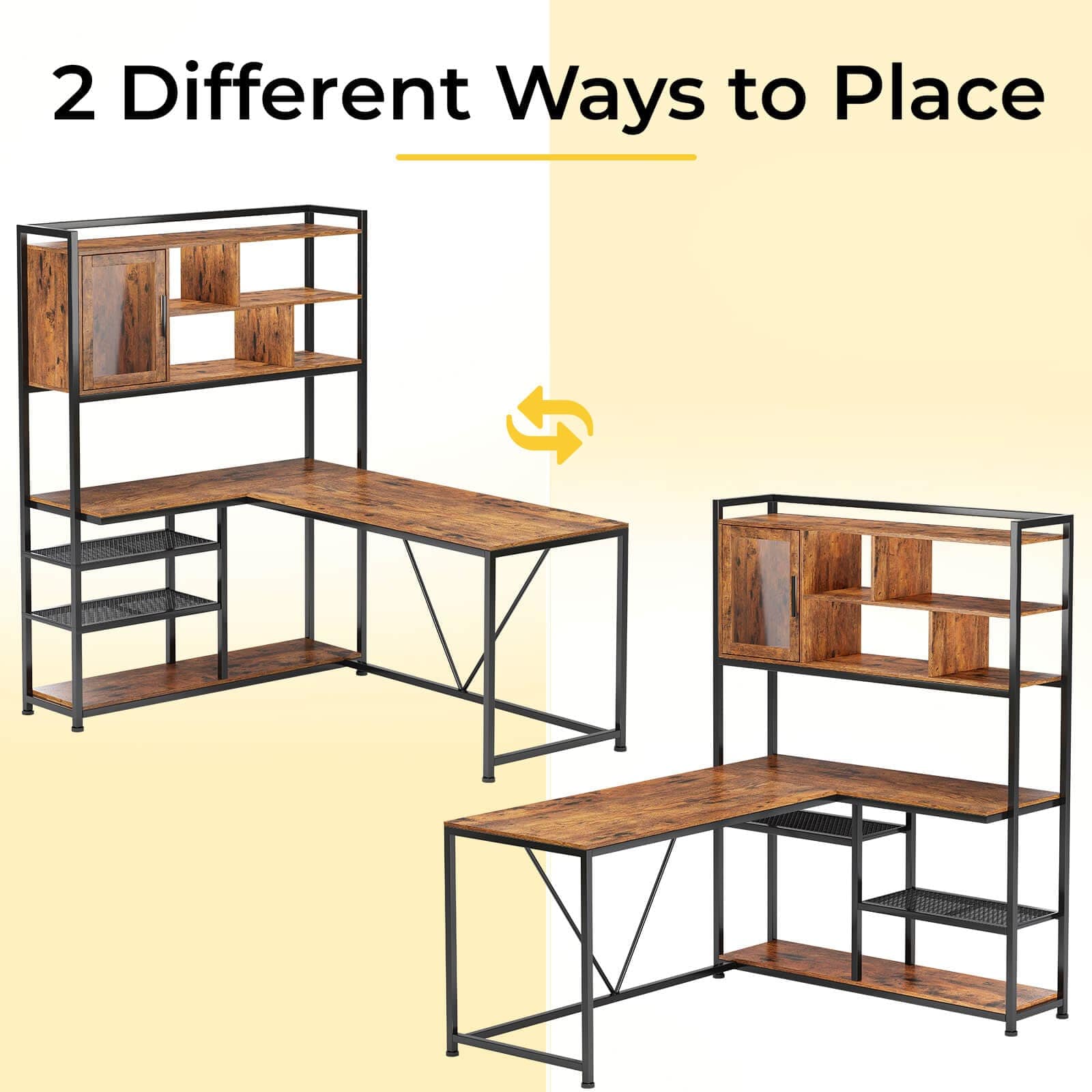 Sikaic Gaming Desk 58 Inches L Shape Corner LED Gaming Desk with Bookshelf Storage Shelves Brown