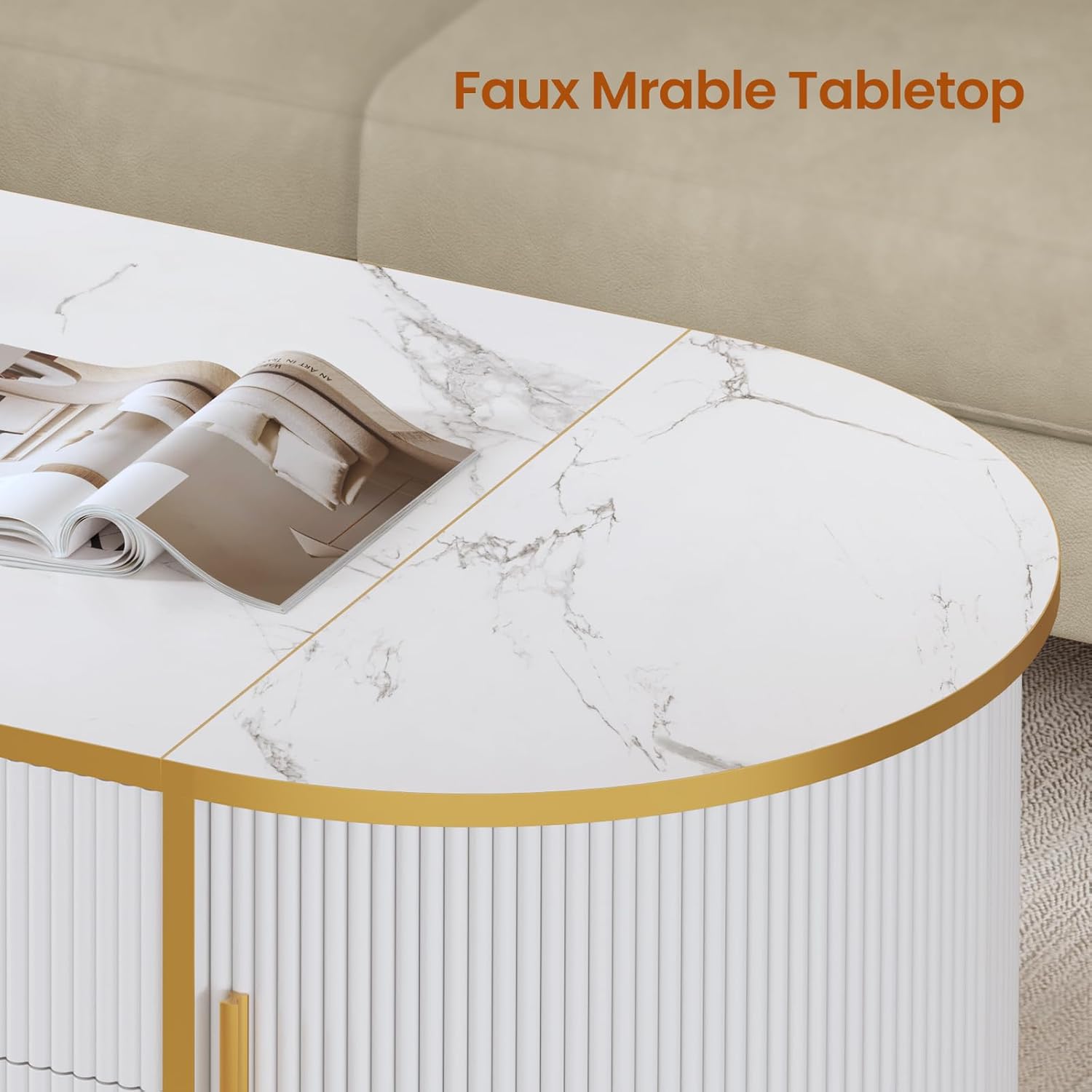 Sikaic Coffee Table Fluted Lift Top Coffee Table with Storage White White / Engineered Wood / Modern