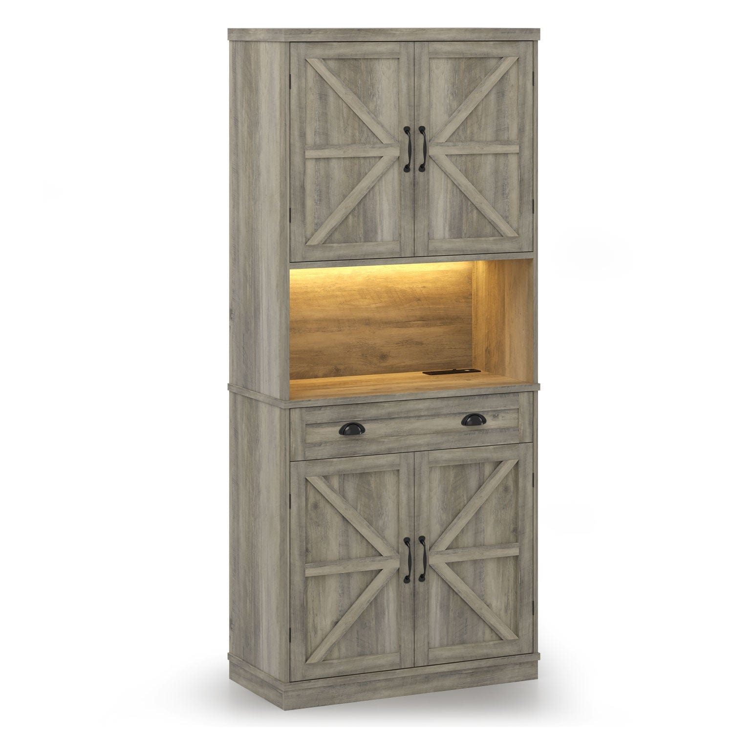 Sikaic Kitchen Pantry 72.6 Inches Kitchen Pantry Cabinet with LED Lights Grey Grey / Engineered Wood / Modern