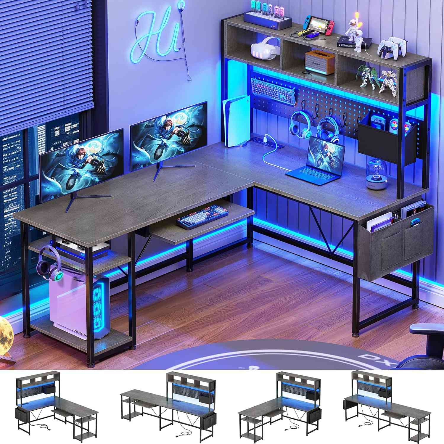 Sikaic Gaming Desk 57.5 Inches Reversible L Shaped Gaming Desk with LED Lights and Power Outlet Grey Grey / Engineered Wood / Modern