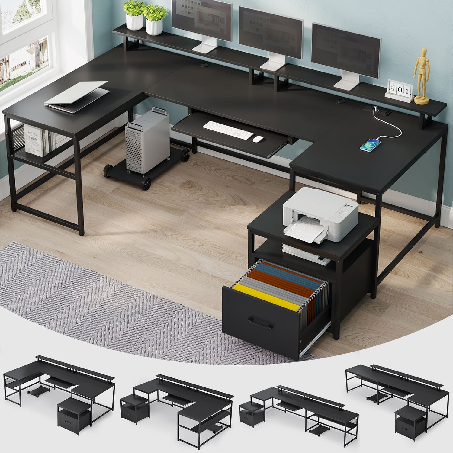 Sikaic Computer Desk 101.5 Inches U Shaped Reversible L Shaped Computer Desk with File Drawer Power Outlet Keyboard Tray Black