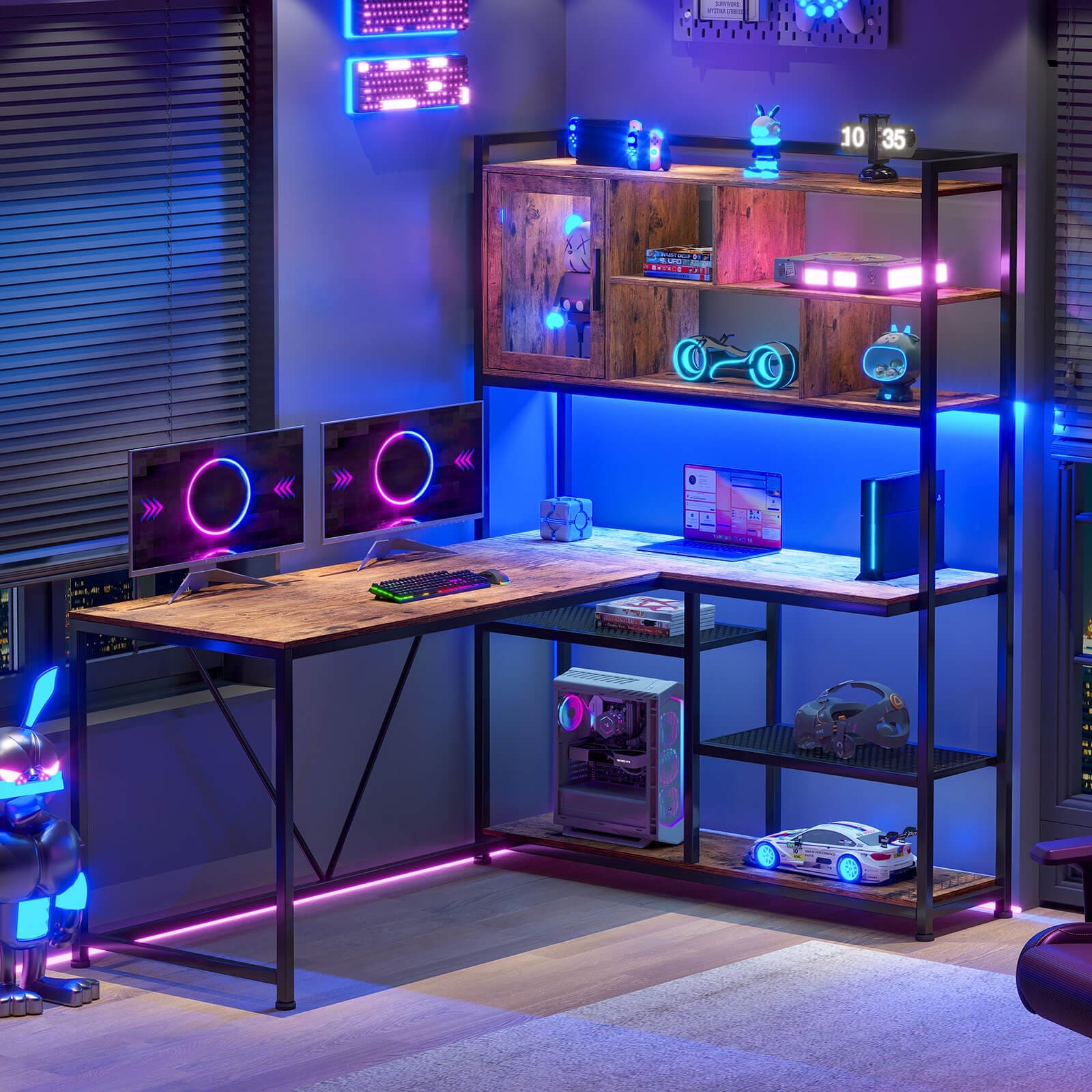 Sikaic Gaming Desk 58 Inches L Shape Corner LED Gaming Desk with Bookshelf Storage Shelves Brown