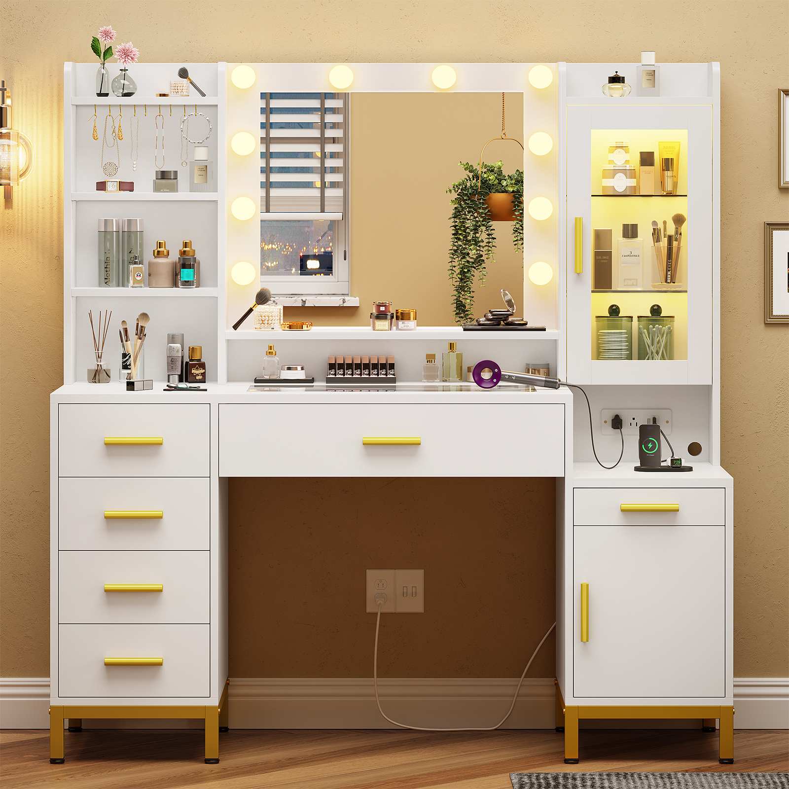 Sikaic Makeup Vanity 49.2 Inches LED Makeup Vanity White White / Engineered Wood / Modern