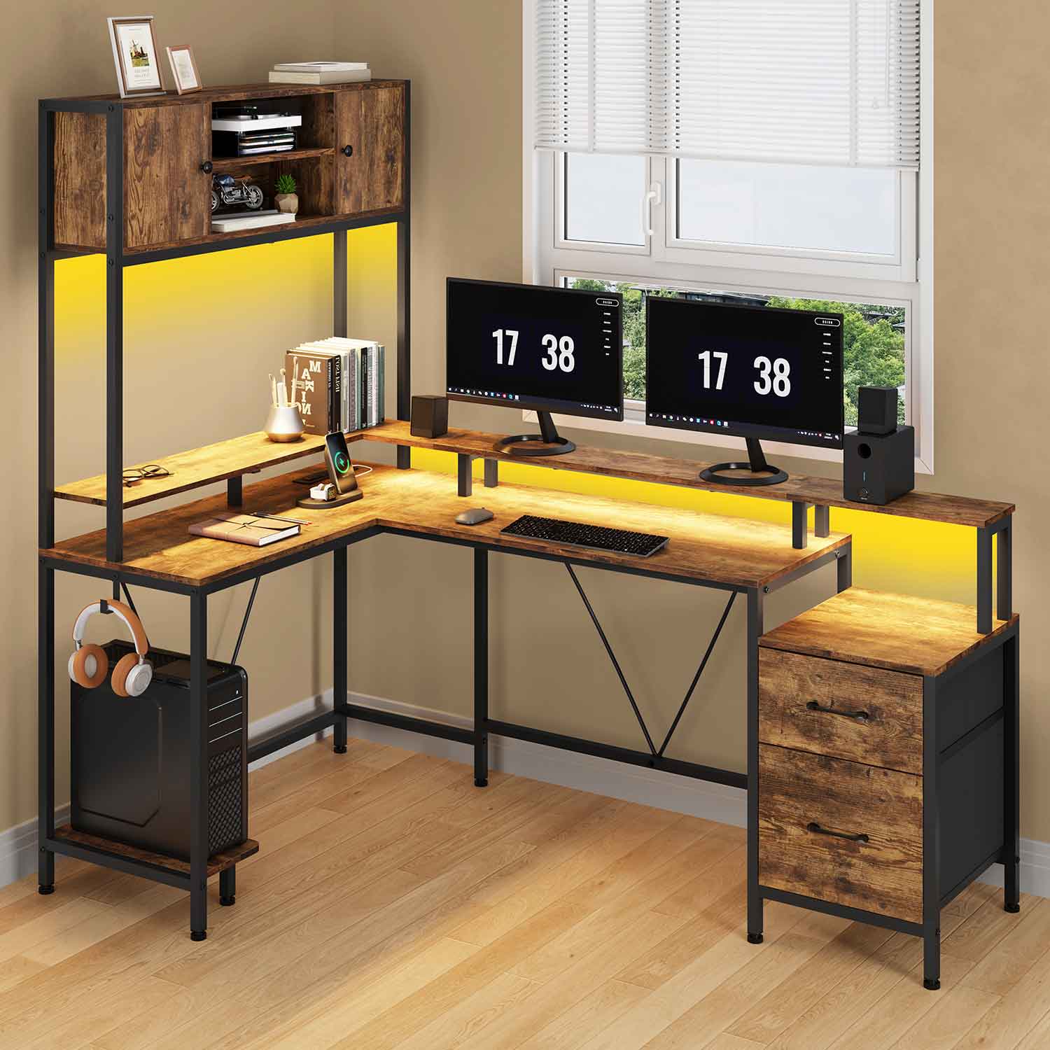 Sikaic Gaming Desk Reversible L-Shaped Led Gaming Desk With Power Outlets and Monitor Stand & 2 Drawers Brown Brown / Engineered Wood / Modern