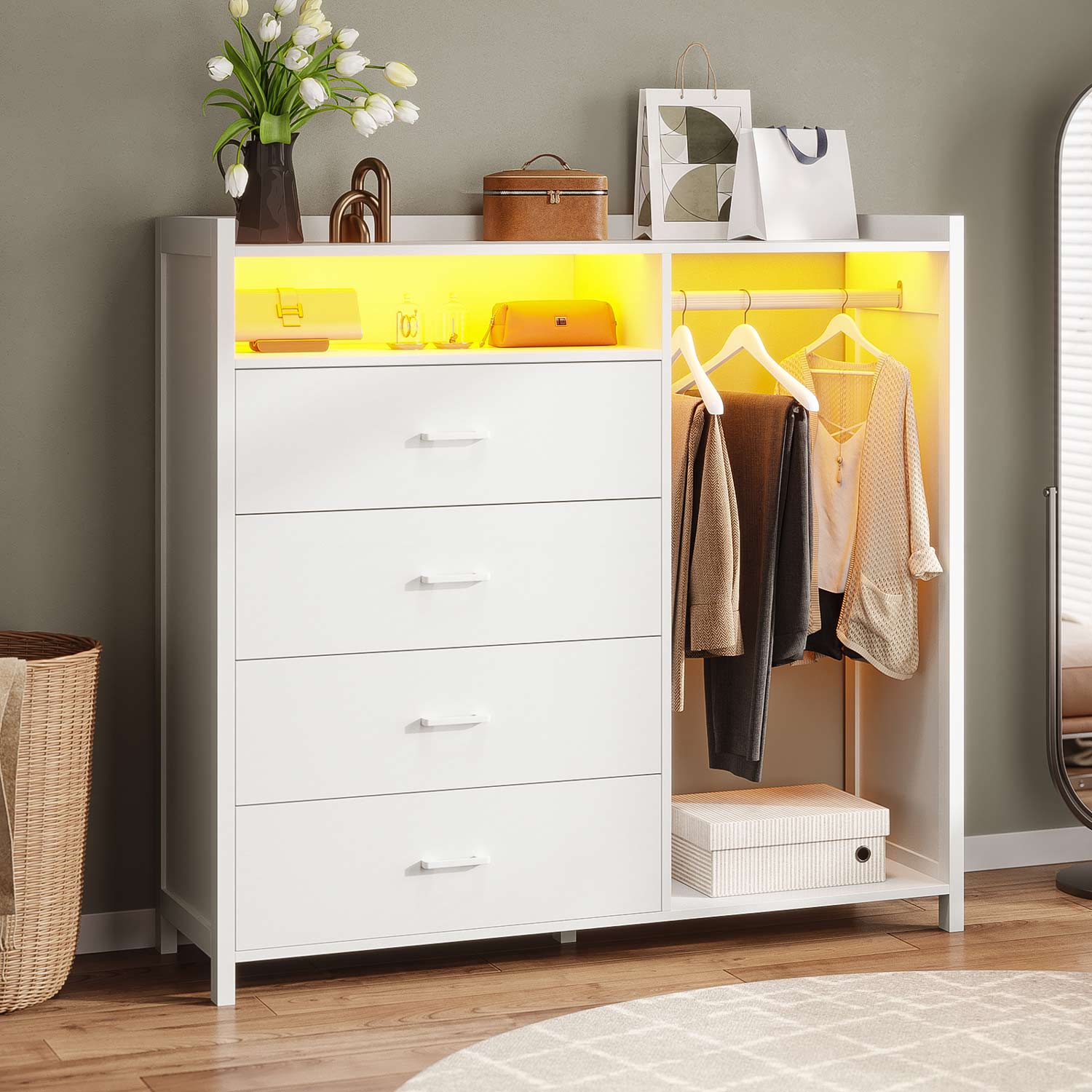 Sikaic Dresser 4 Drawers Long LED Lights Dresser with A Clothes Rack & Anti-Toppling Measures White