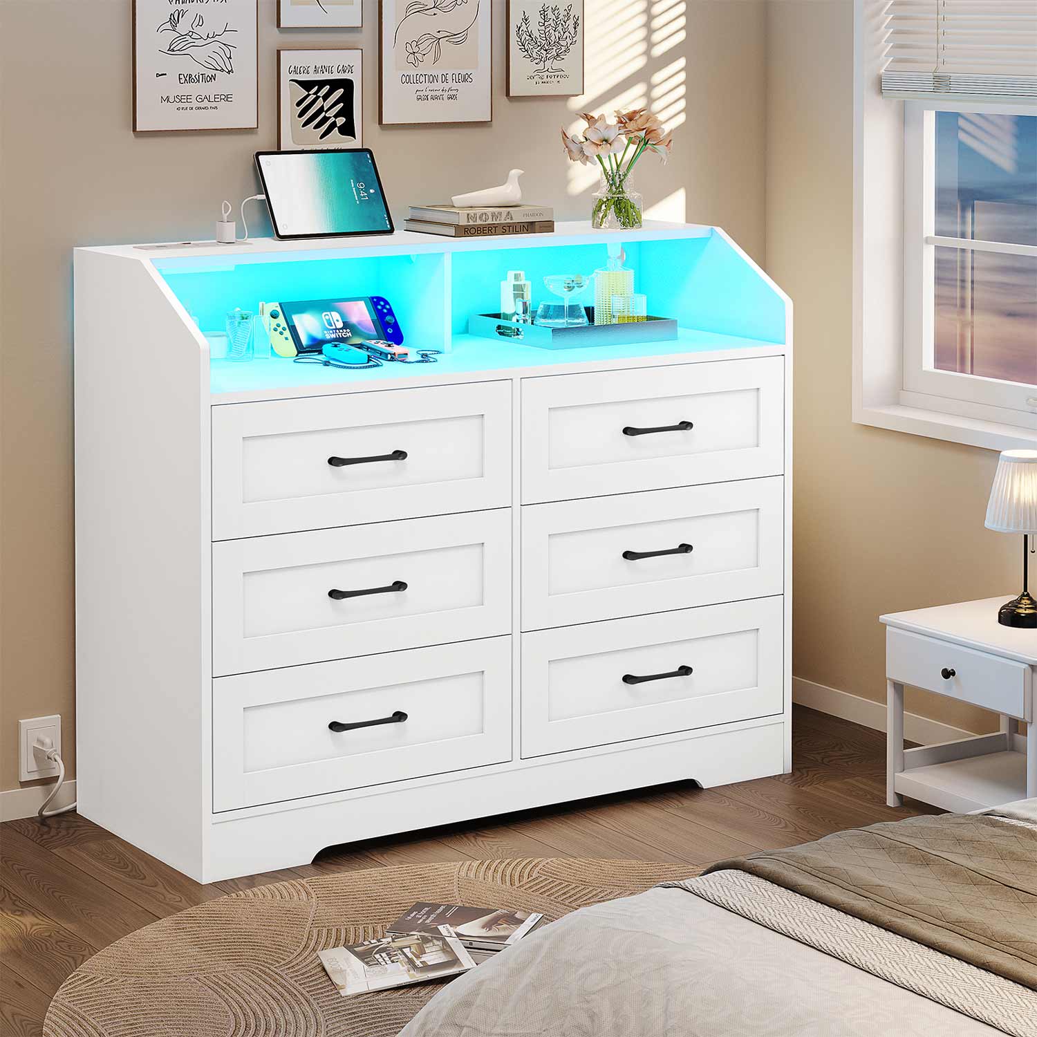 Sikaic Dresser LED 6 Drawers Dresser with Charging Station Open Space Large Capacity Storage Cabinet White