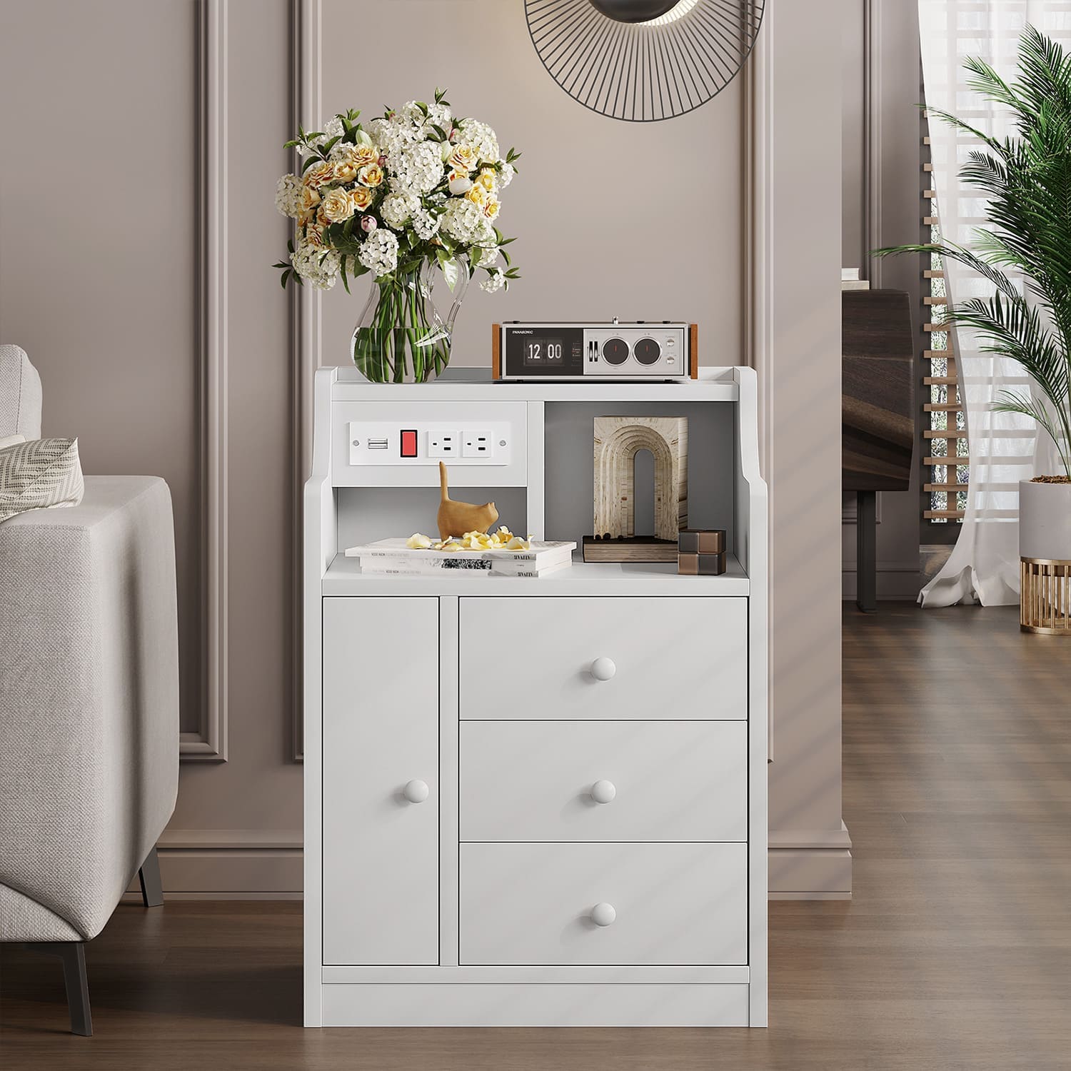 Sikaic Nightstand Nightstand with Charging Station Drawers White