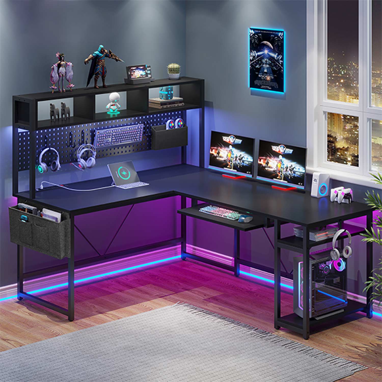 Sikaic Gaming Desk Sikaic L Shaped Reversible Gaming Desk with Power Outlets Keyboard Tray Black