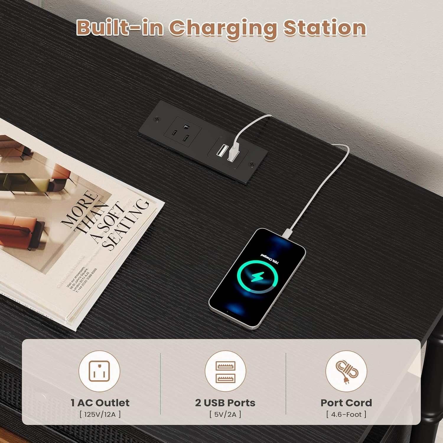 Sikaic Nightstand Rattan Nightstand with Charging Station and Turned Legs Black Black / Engineered Wood / Modern