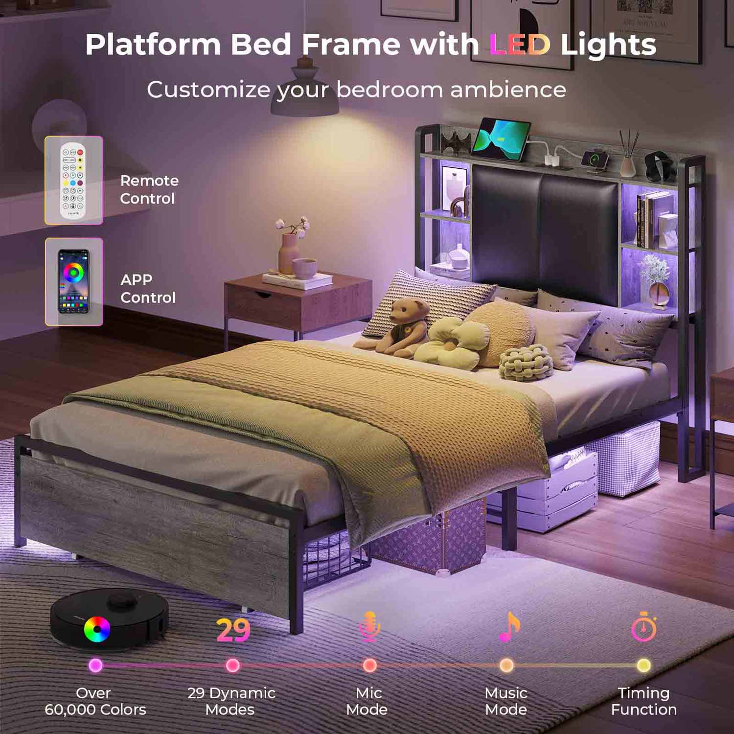 Sikaic Bed Frame Twin Bed Frame with Upholstered Storage Headboard and LED Lights Charging Station & Drawers Grey and Black