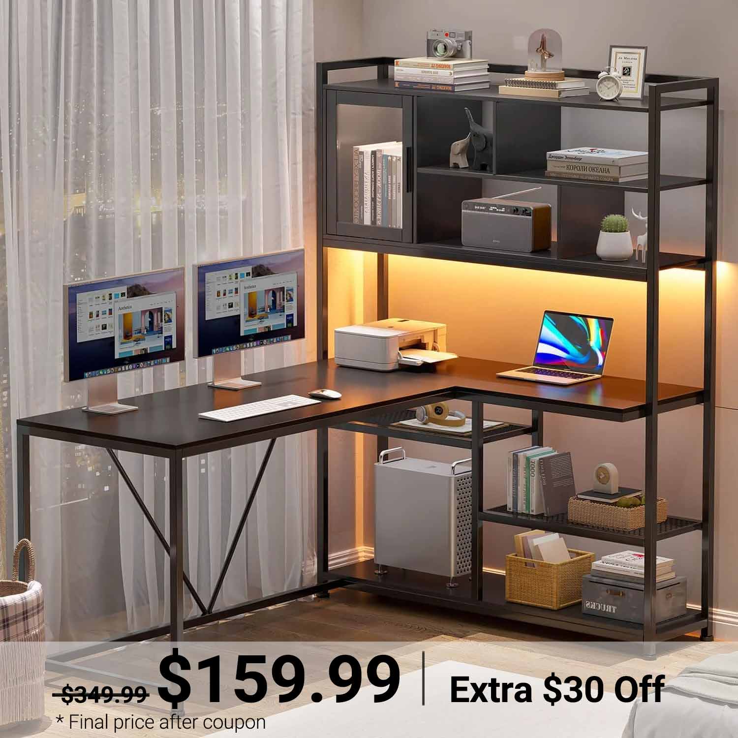 Sikaic Gaming Desk 58 Inches L Shape Corner LED Gaming Desk with Bookshelf Storage Shelves Black Black