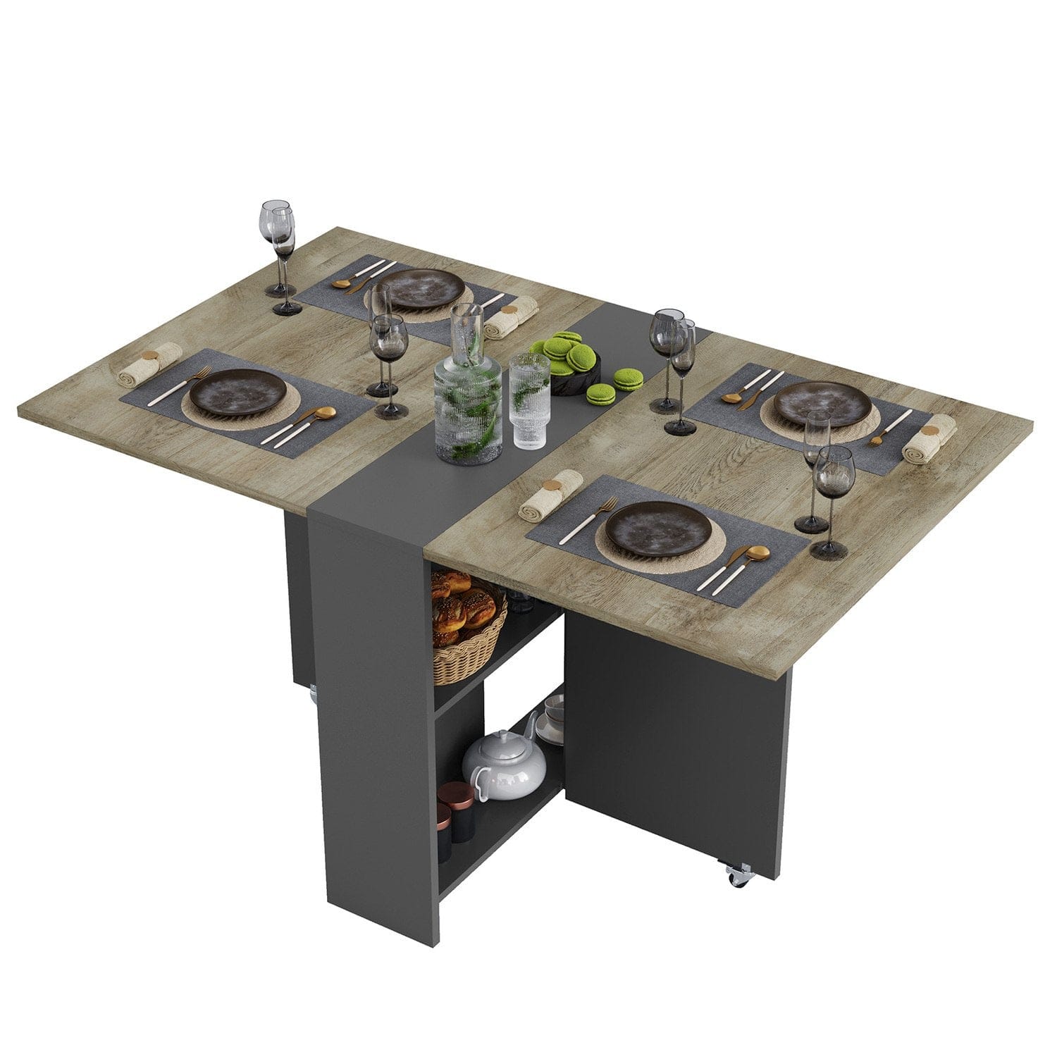 Sikaic Dining Table Folding Dining Table with 6 Wheels and 2-Layer Storage Shelf Chestnut and Grey